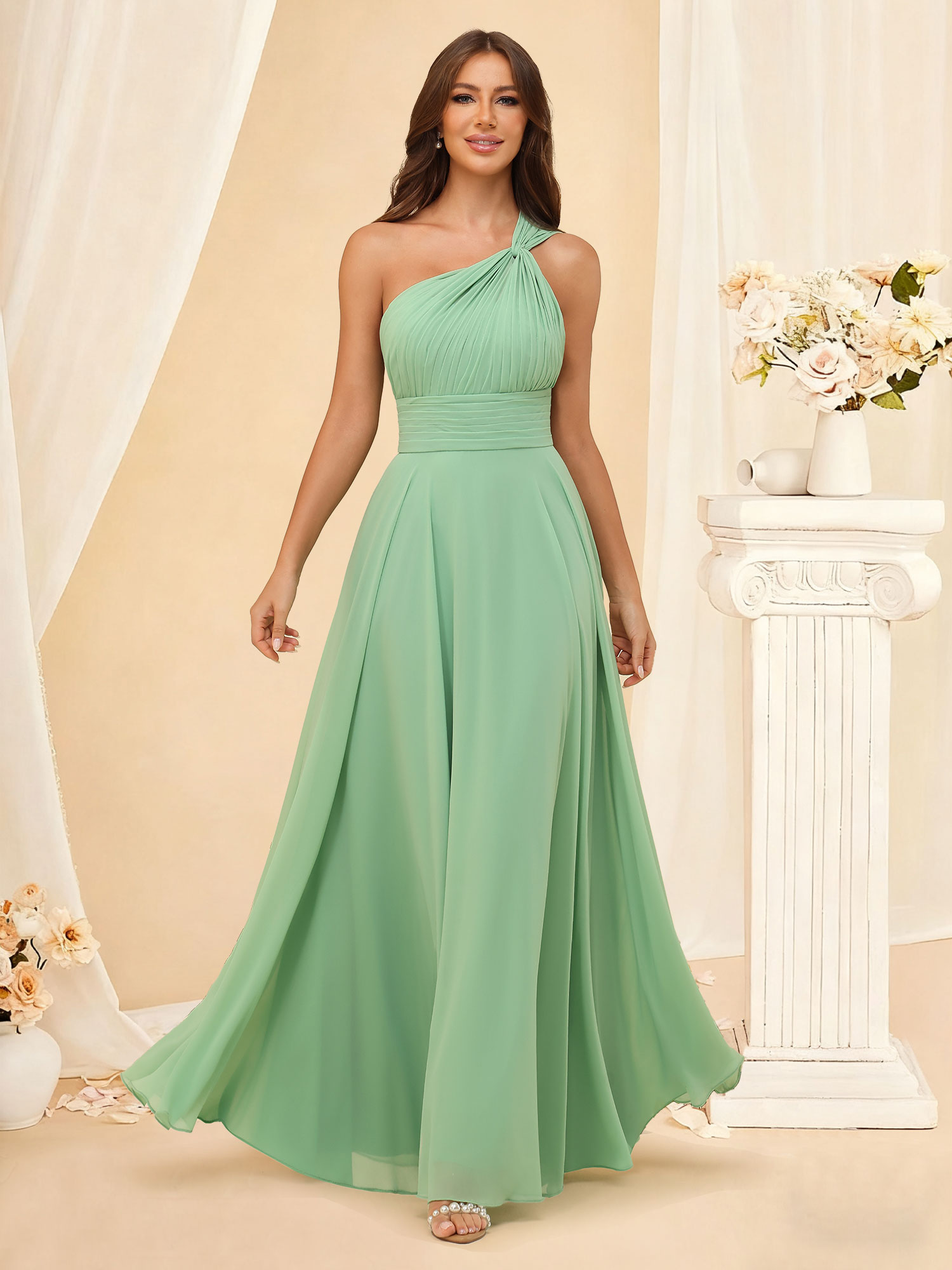 A-Line One Shoulder Chiffon Pleated Floor-Length Bridesmaid Dress #RDBM2503027