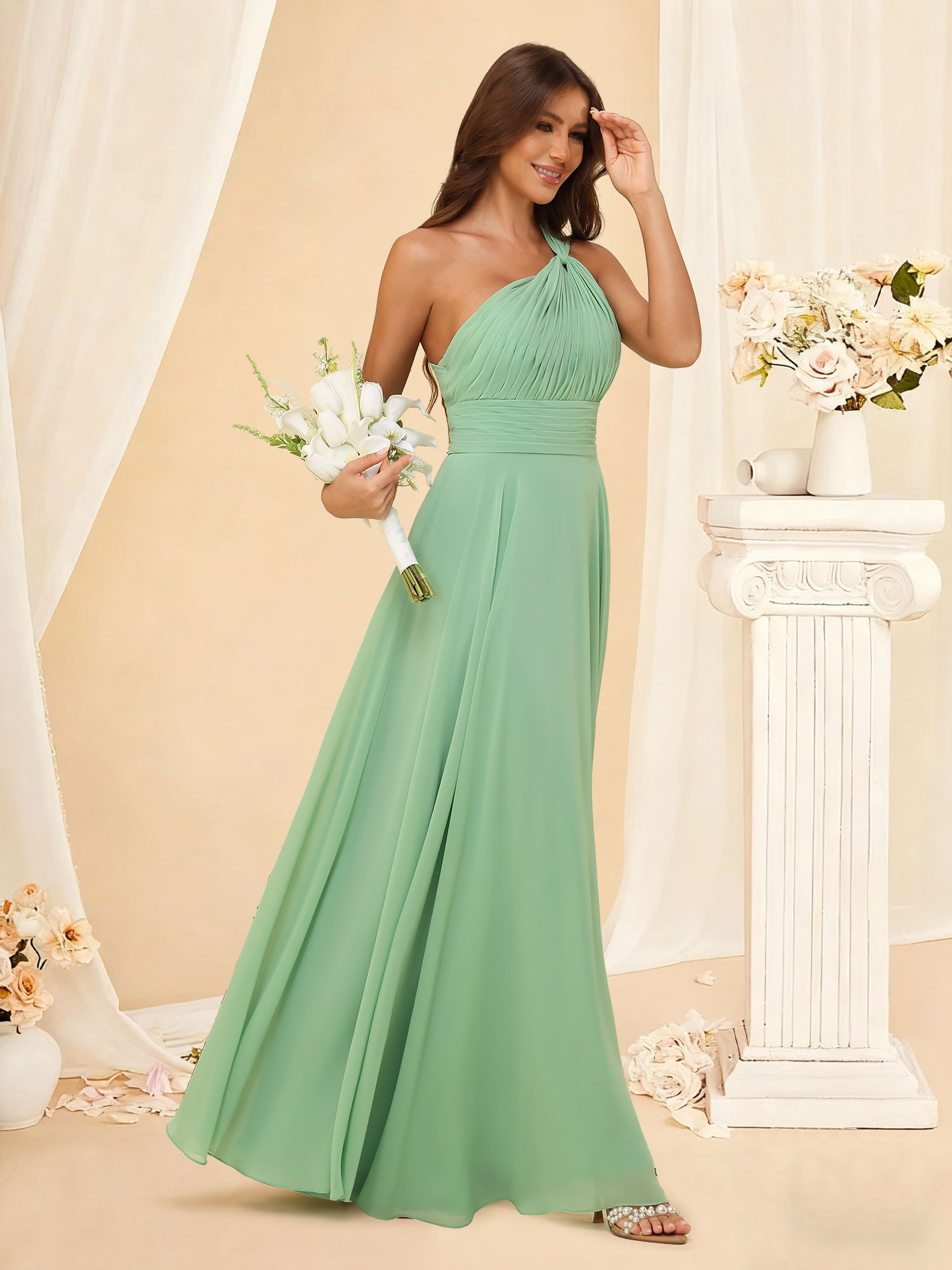 A-Line One Shoulder Chiffon Pleated Floor-Length Bridesmaid Dress #RDBM2503027