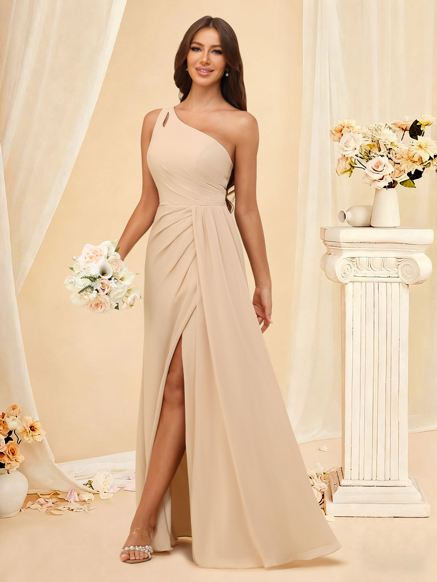 A-Line One Shoulder Chiffon Pleated Knotted Waistline Bridesmaid Dress #RDBM2503006