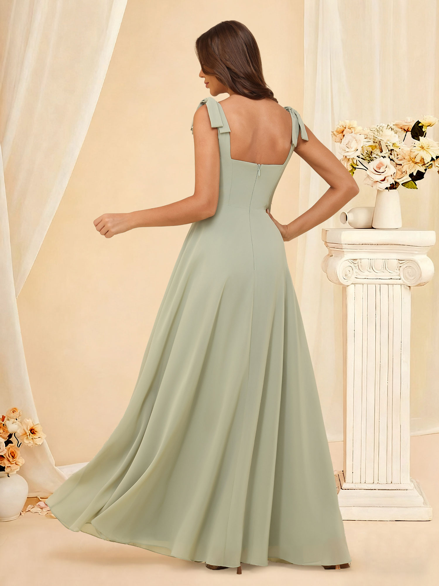 A-line Square Neck Chiffon Slit Sleeveless Back Zip Bridesmaid Dress #RDBM2507222