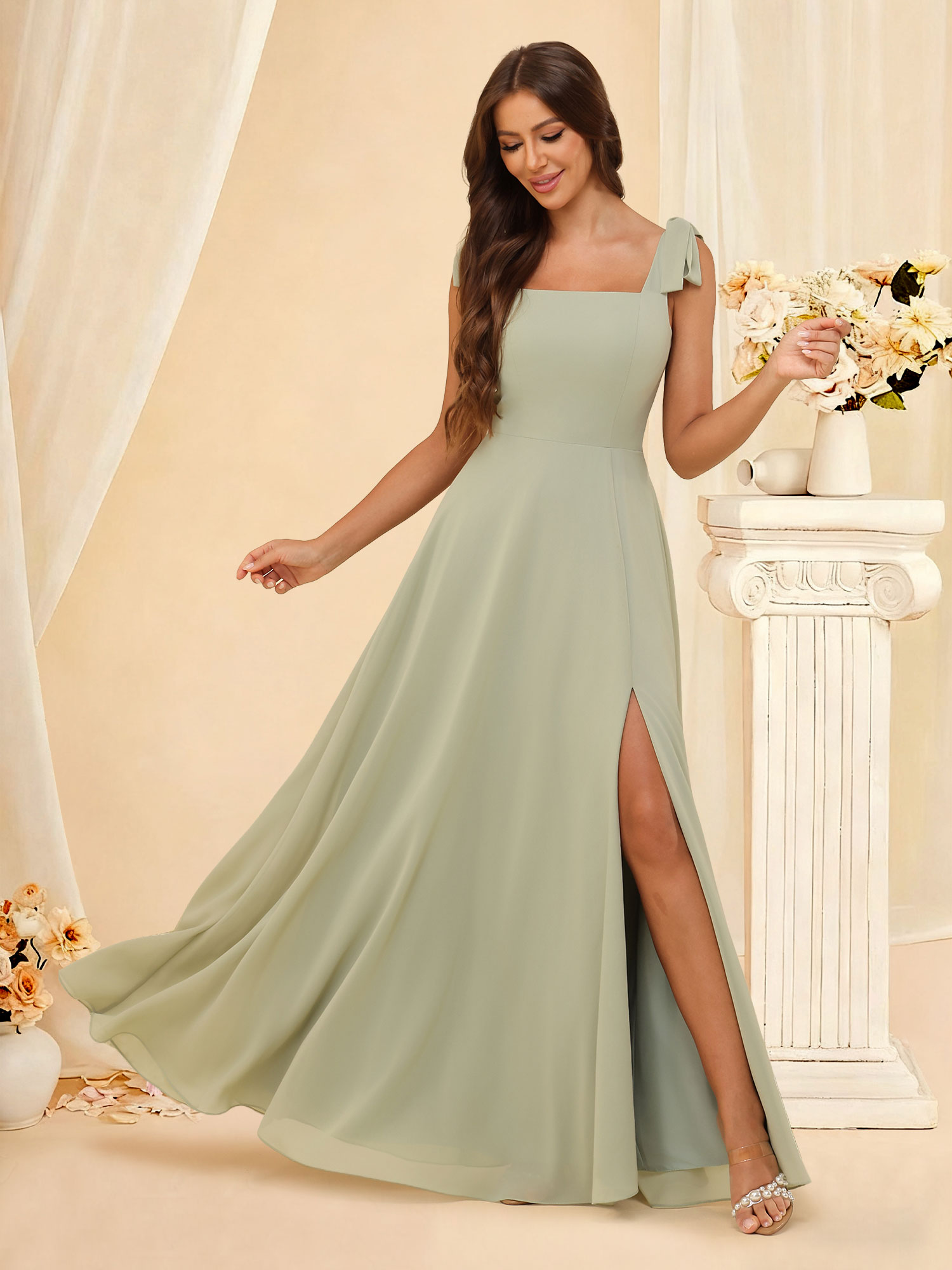 A-line Square Neck Chiffon Slit Sleeveless Back Zip Bridesmaid Dress #RDBM2507222