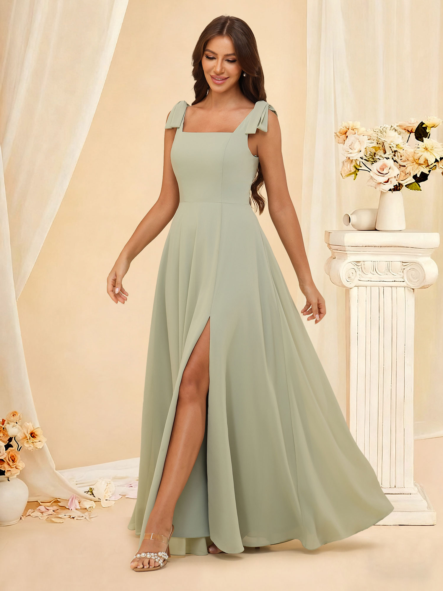 A-line Square Neck Chiffon Slit Sleeveless Back Zip Bridesmaid Dress #RDBM2507222