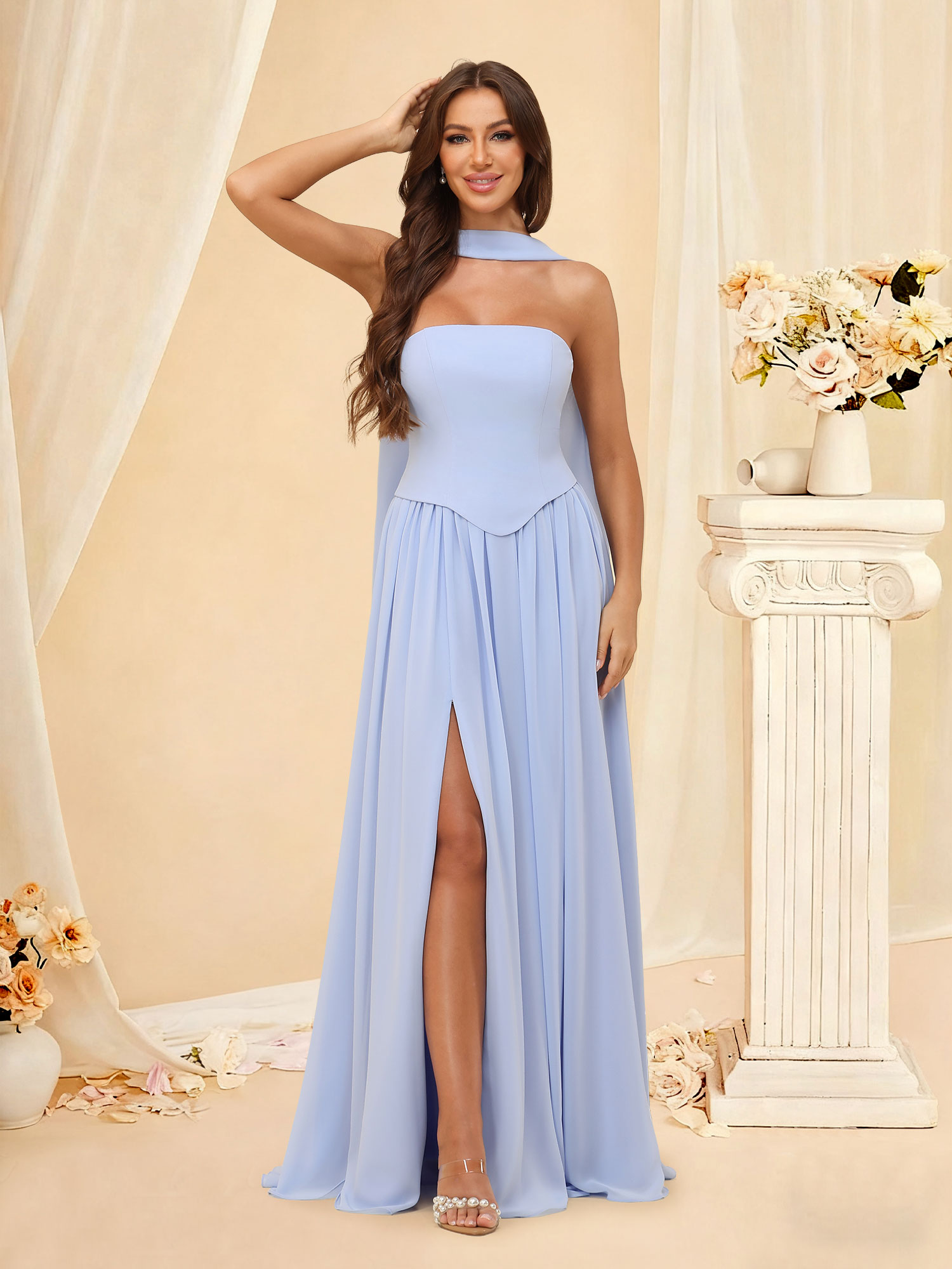 Elegant A-line Strapless Chiffon Pleated Slit Bridesmaid Dress with Scarf #RDBM2507038