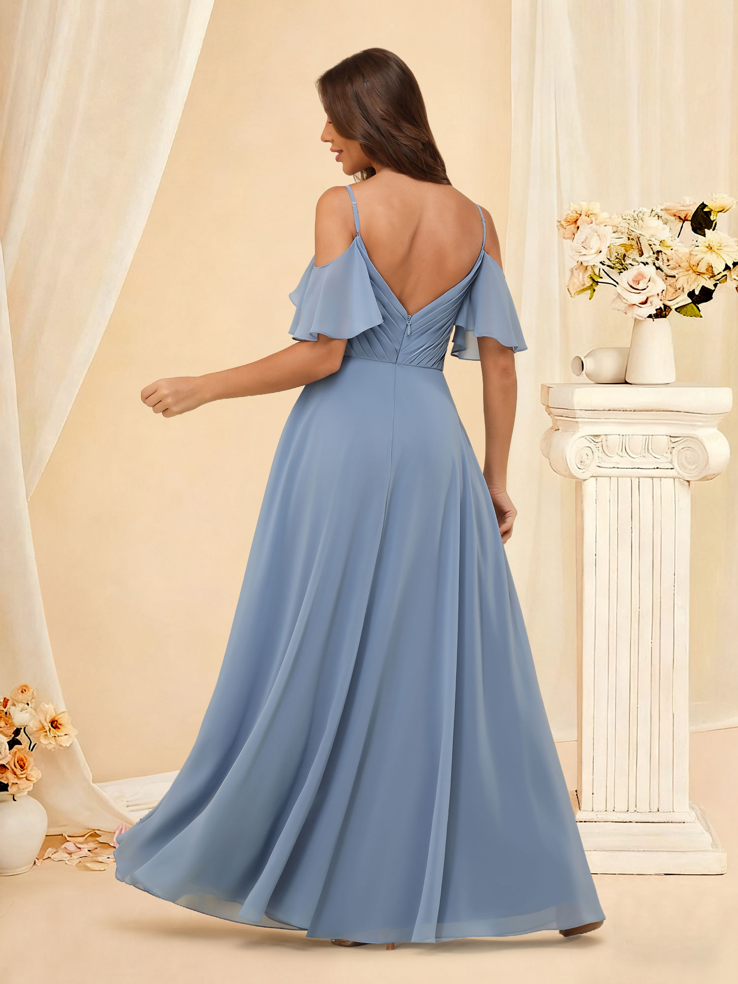 A-line Off Shoulder Pleated Ruffle Chiffon Bridesmaid Dress with Pockets #RDBM2507214
