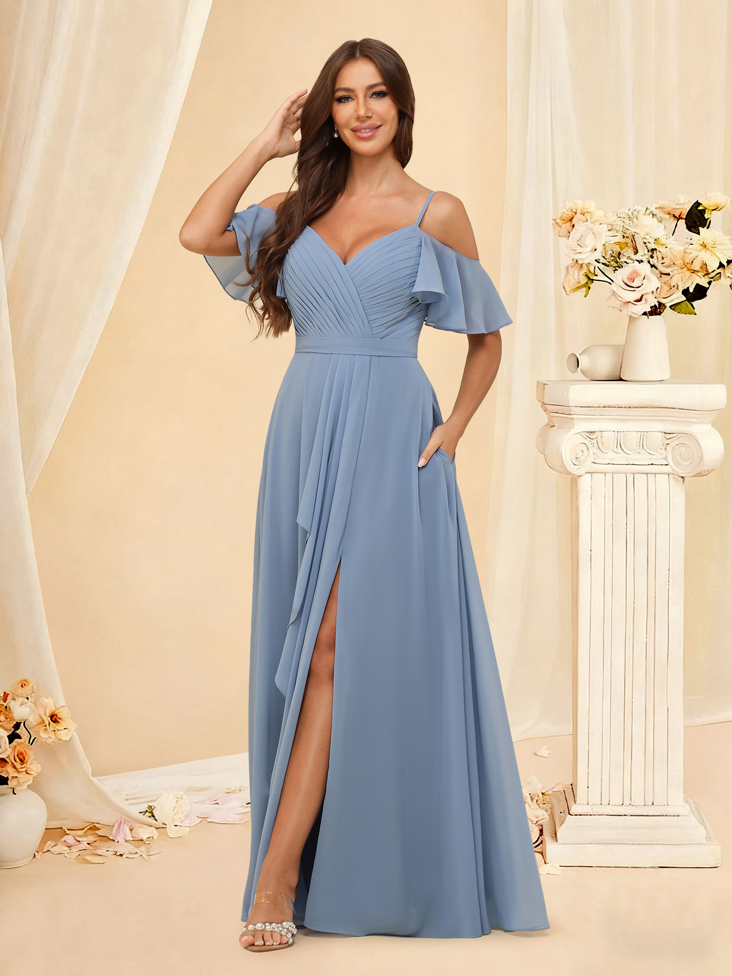 A-line Off Shoulder Pleated Ruffle Chiffon Bridesmaid Dress with Pockets #RDBM2507214