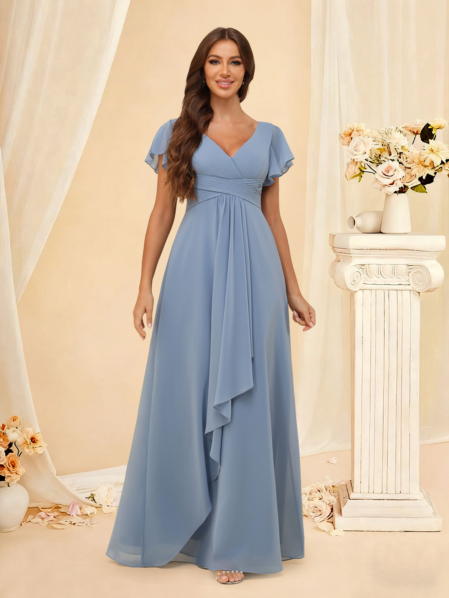 A-line V Neck Pleated Chiffon Ruffles Short Sleeves Bridesmaid Dress  #RDBM2507217