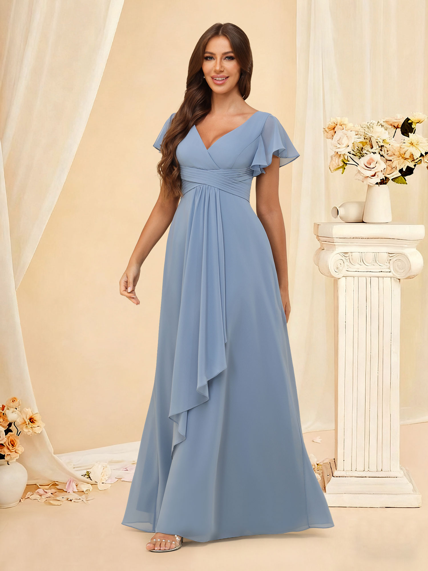 A-line V Neck Pleated Chiffon Ruffles Short Sleeves Bridesmaid Dress  #RDBM2507217