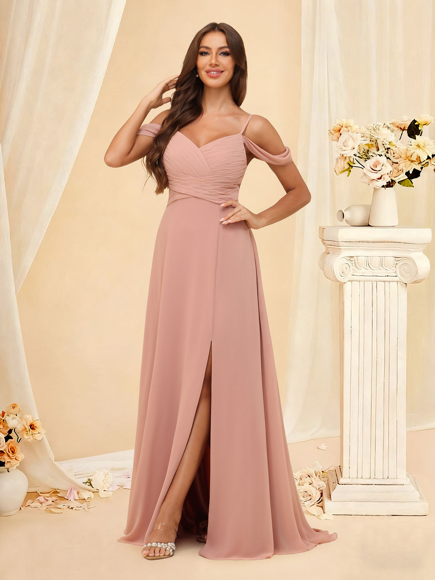 A-Line Off The Shoulder Ruched Chiffon Long Slit Bridesmaid Dress #RDBM2507215