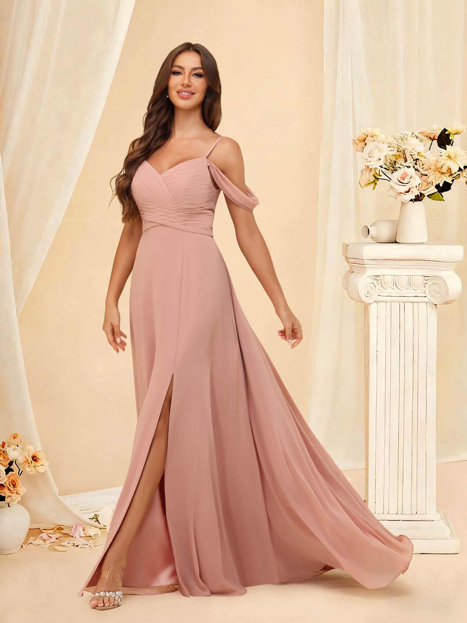 A-Line Off The Shoulder Ruched Chiffon Long Slit Bridesmaid Dress #RDBM2507215