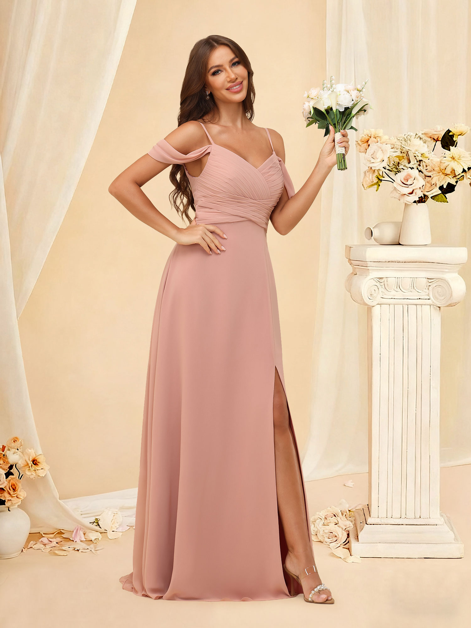 A-Line Off The Shoulder Ruched Chiffon Long Slit Bridesmaid Dress #RDBM2507215