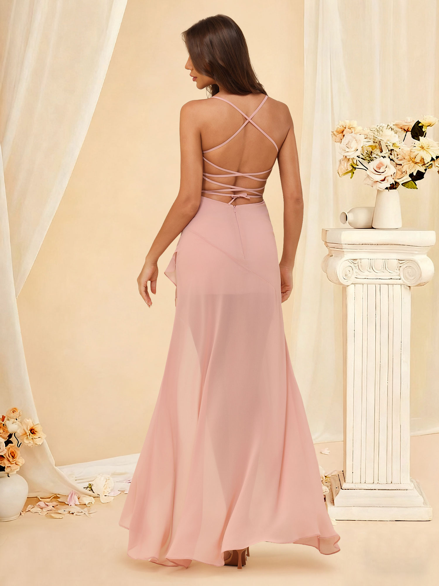 A-line Square Pleated Ruffles Prom Gown Spaghetti Straps Chiffon Bridesmaid Dress #RDBM2507140