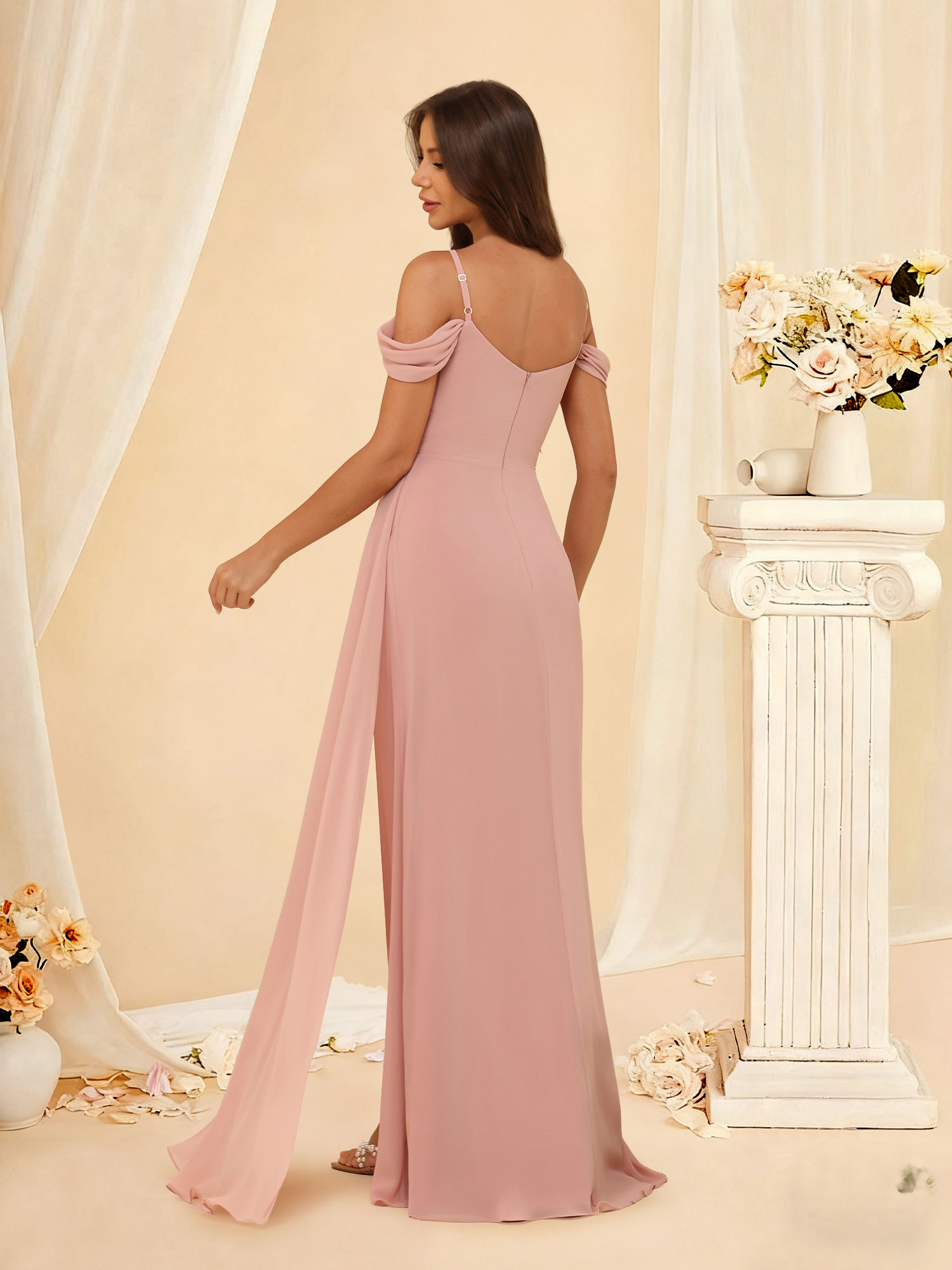 A-line Off Shoulder Chiffon Ruffle Pleated Bridesmaid Dress Prom Gown with Slit #RDBM2507138