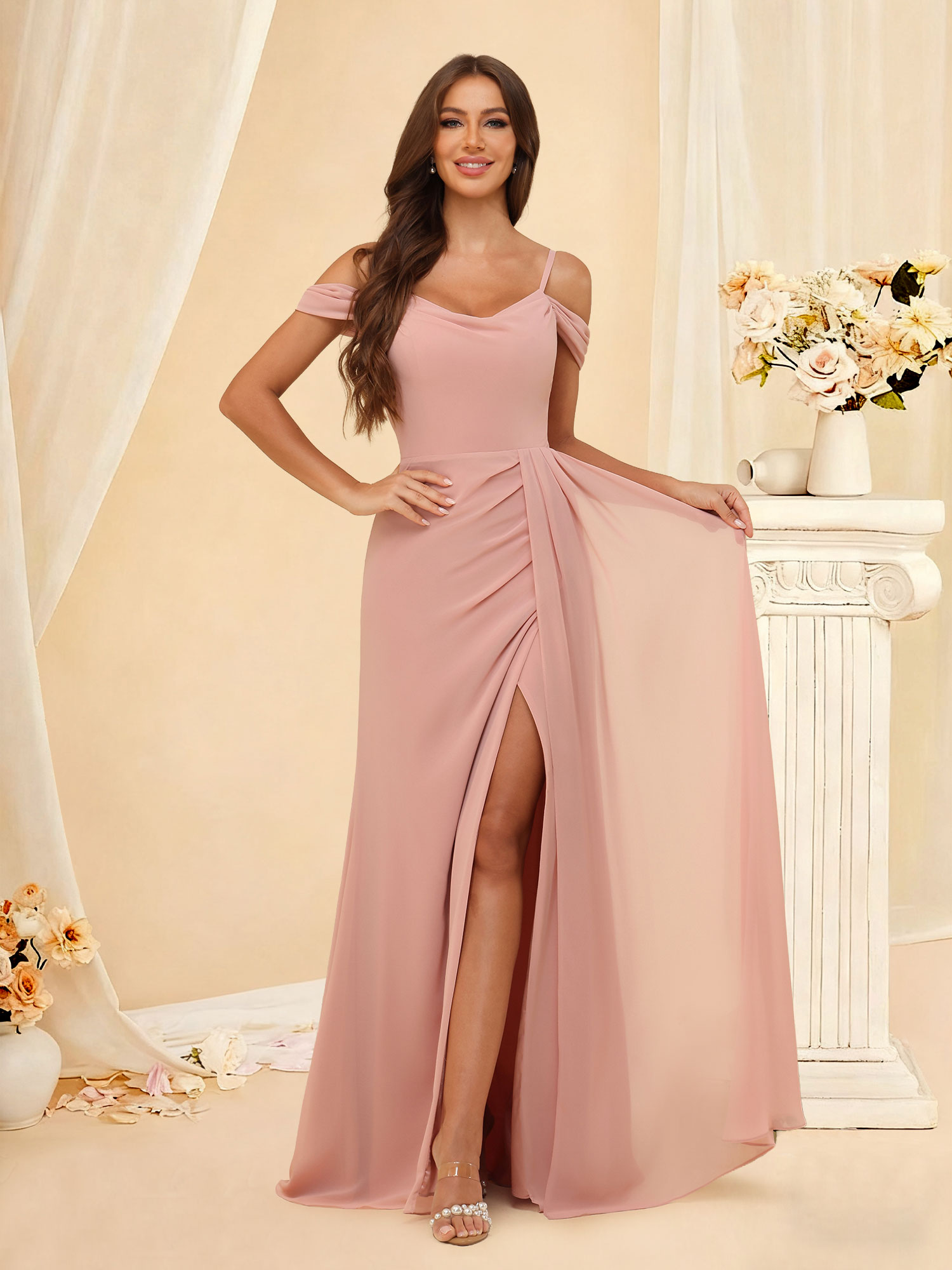 A-line Off Shoulder Chiffon Ruffle Pleated Bridesmaid Dress Prom Gown with Slit #RDBM2507138