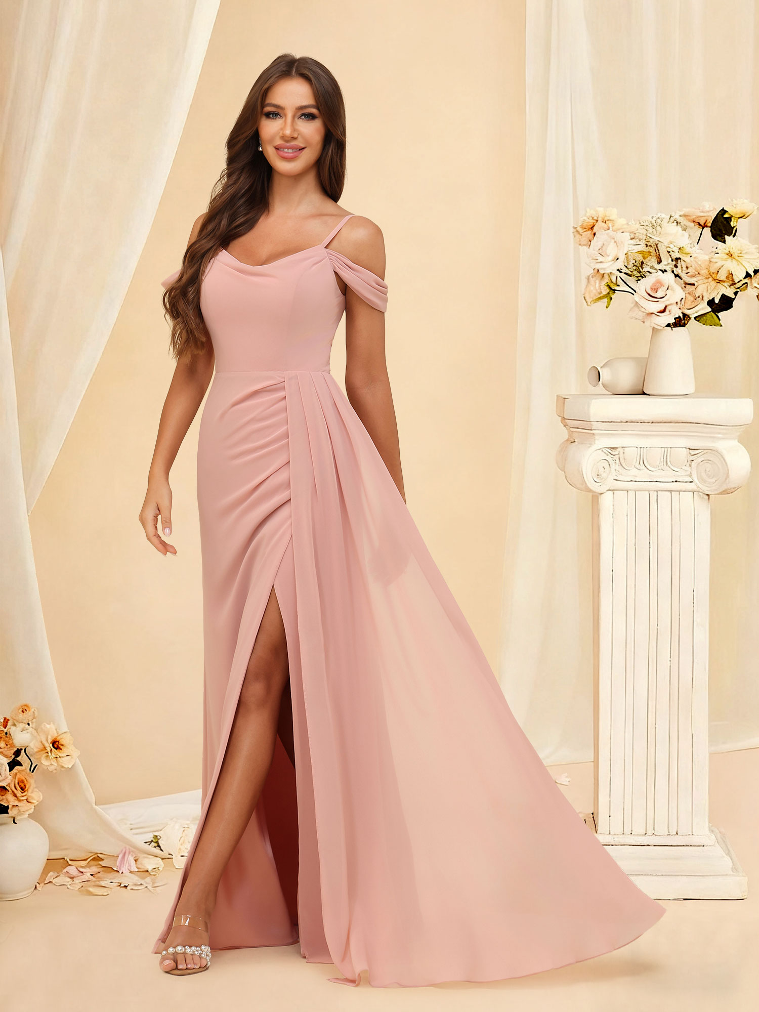 A-line Off Shoulder Chiffon Ruffle Pleated Bridesmaid Dress Prom Gown with Slit #RDBM2507138