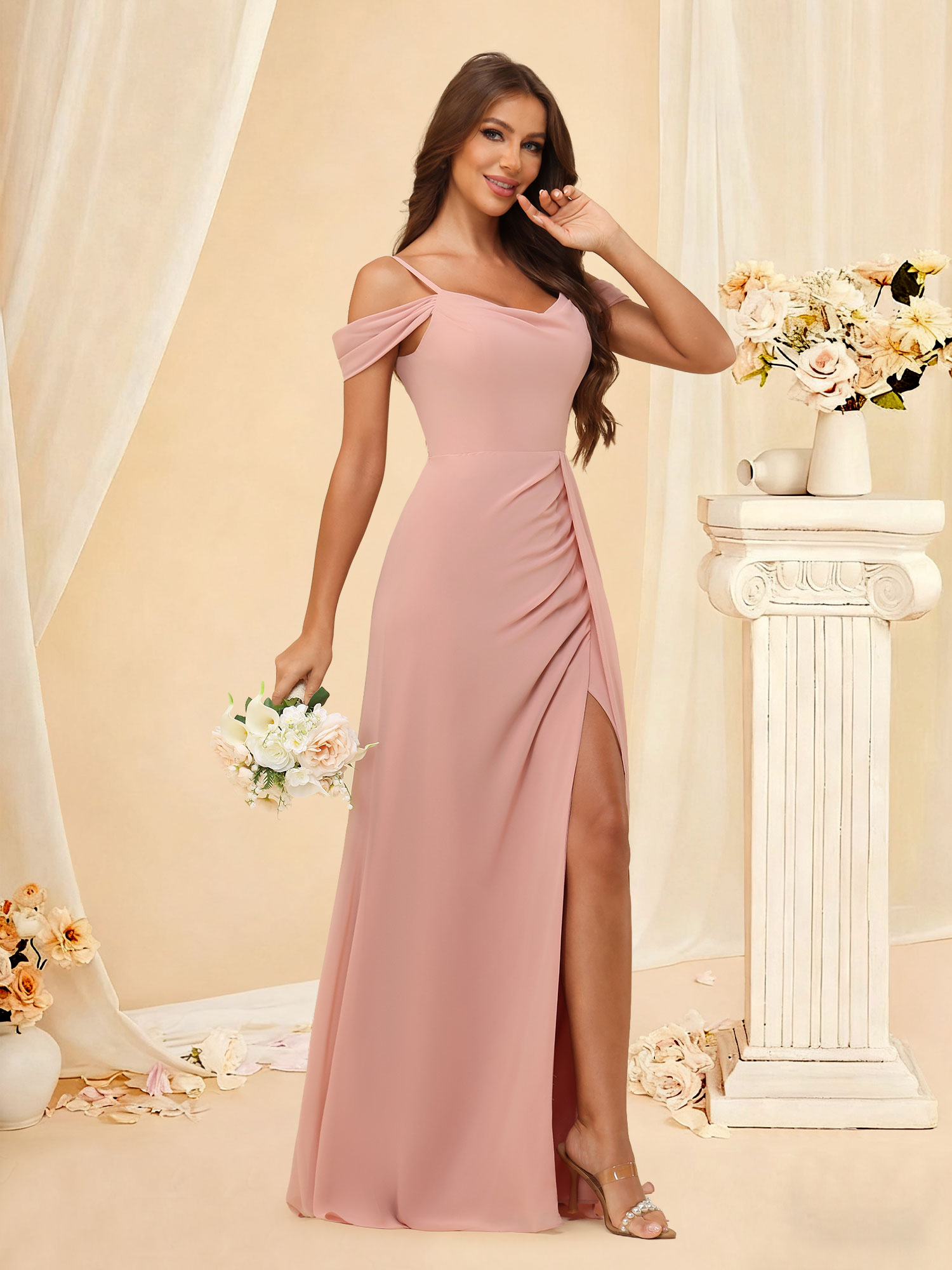 A-line Off Shoulder Chiffon Ruffle Pleated Bridesmaid Dress Prom Gown with Slit #RDBM2507138
