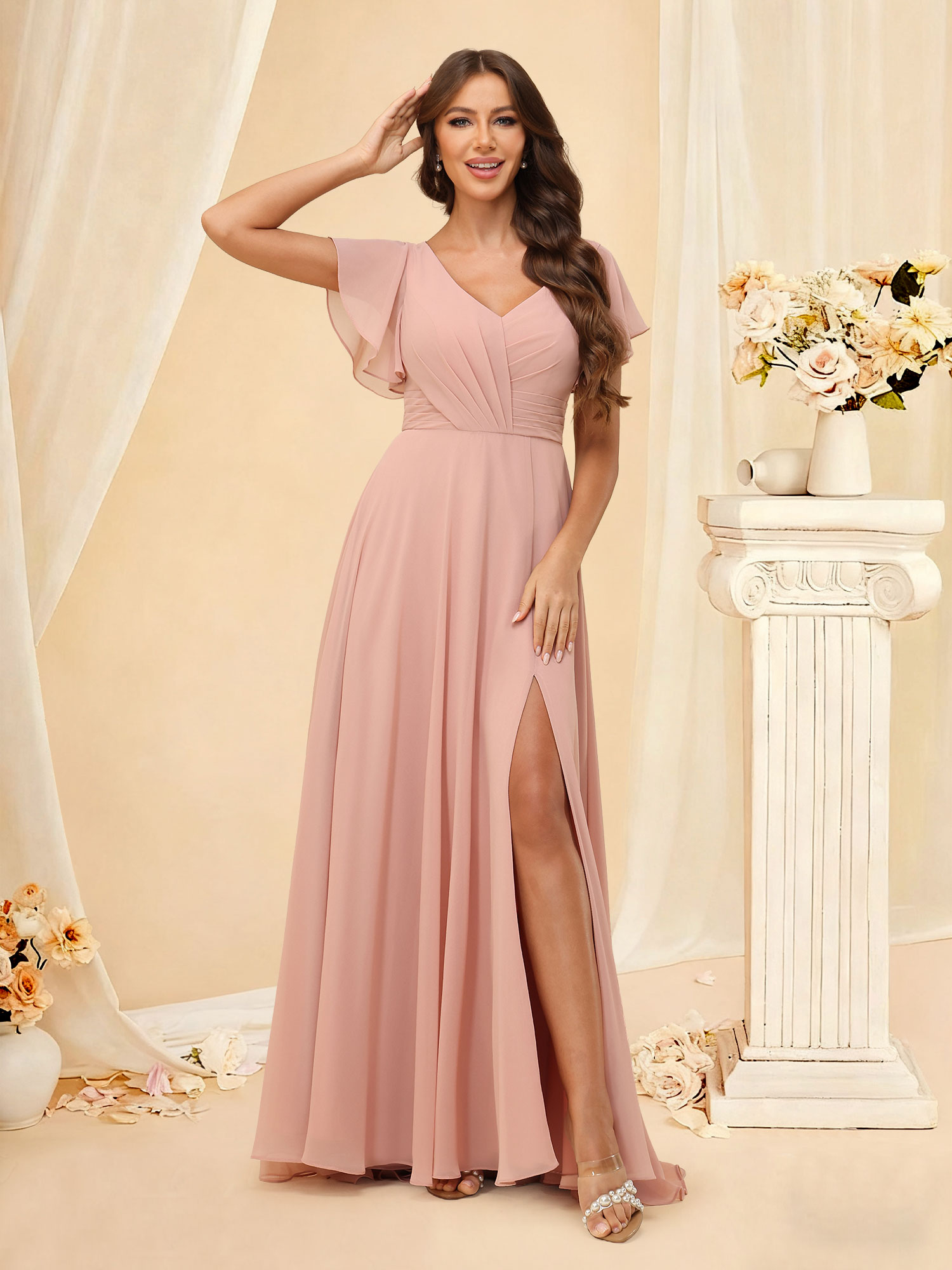 A Line V-neck Flutter Sleeves Chiffon Bridesmaid Dress Slit #RDBM2507219
