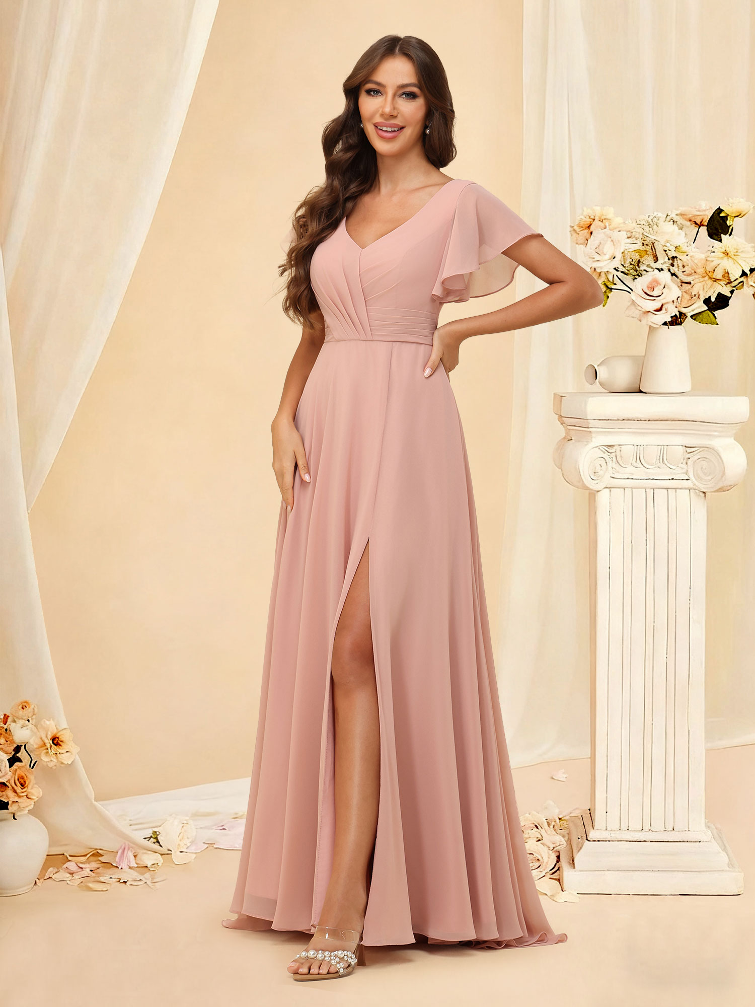 A Line V-neck Flutter Sleeves Chiffon Bridesmaid Dress Slit #RDBM2507219