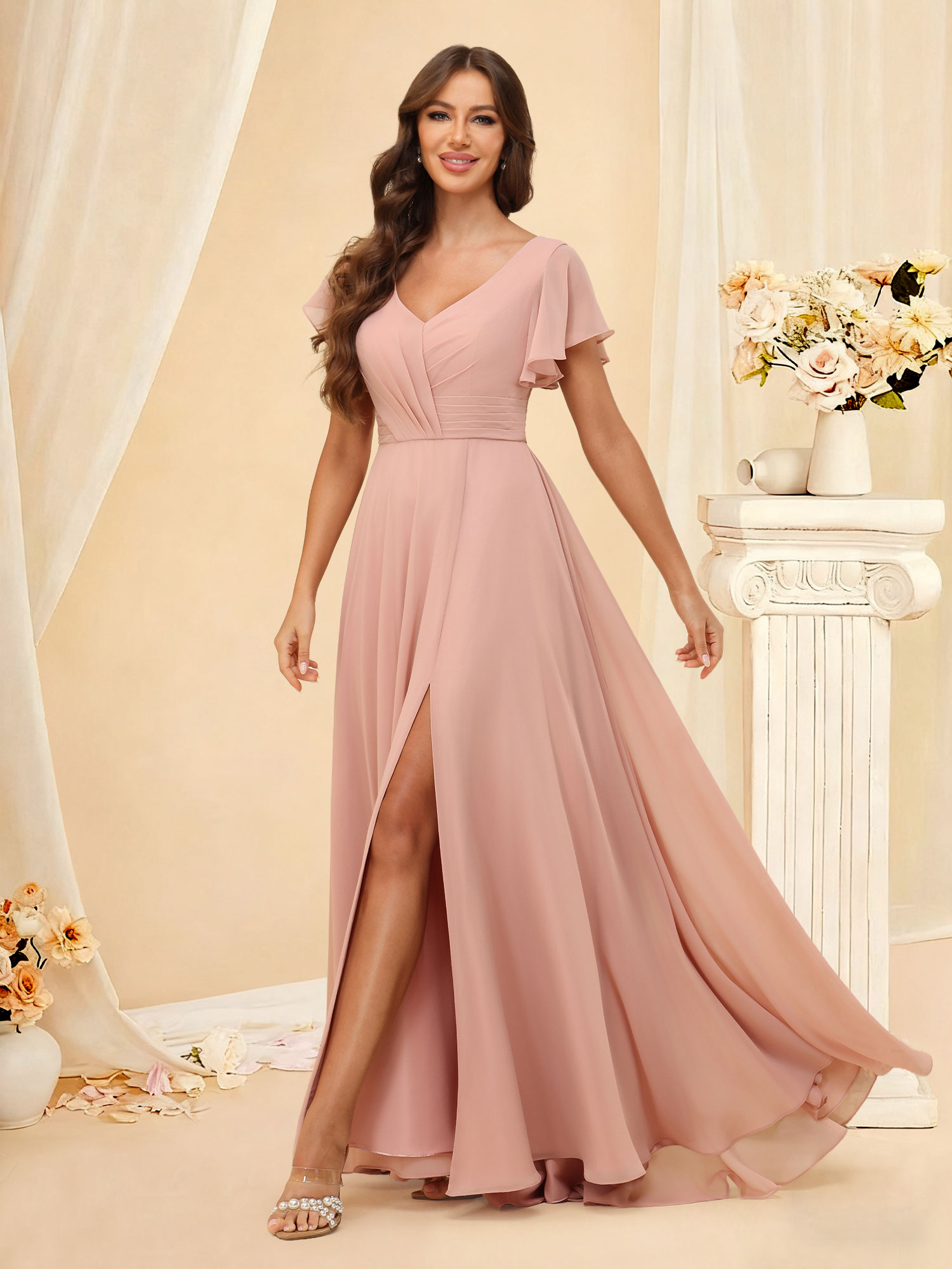 A Line V-neck Flutter Sleeves Chiffon Bridesmaid Dress Slit #RDBM2507219