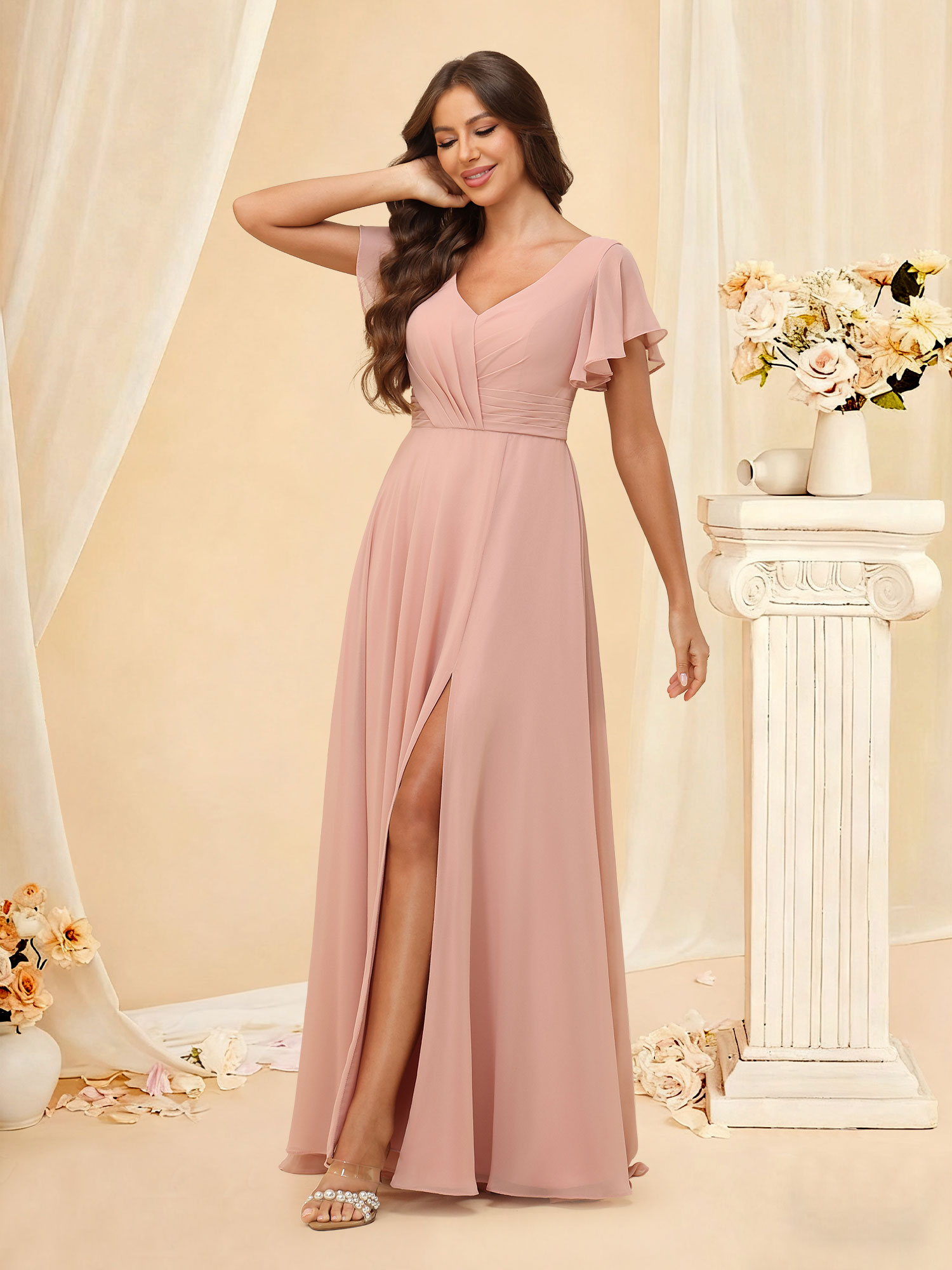 A Line V-neck Flutter Sleeves Chiffon Bridesmaid Dress Slit #RDBM2507219