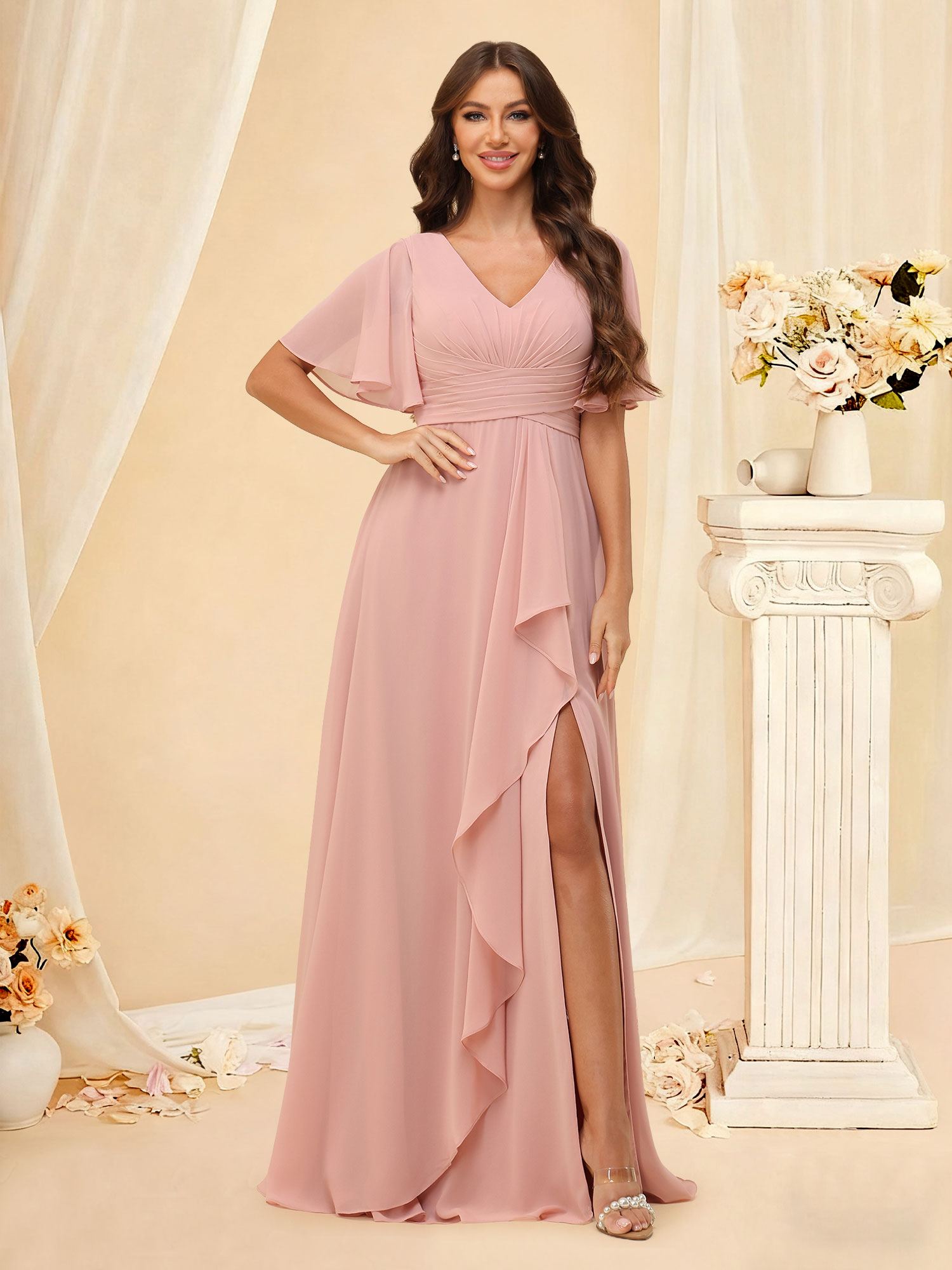 A-line Chiffon V Neck Flutter Sleeve Pleated Ruffled Bridesmaid Dress with Slit #RDBM2507137