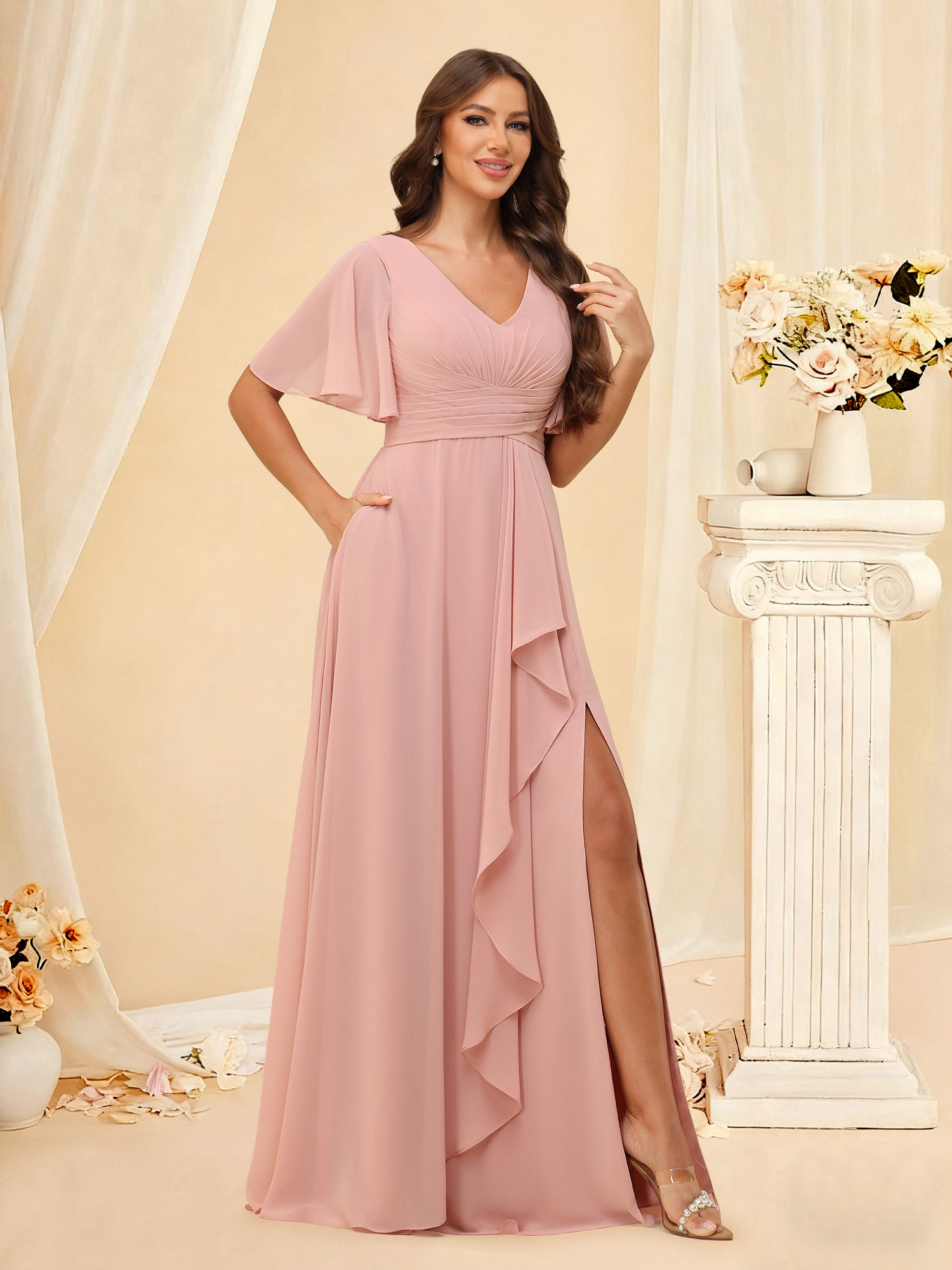 A-line Chiffon V Neck Flutter Sleeve Pleated Ruffled Bridesmaid Dress with Slit #RDBM2507137