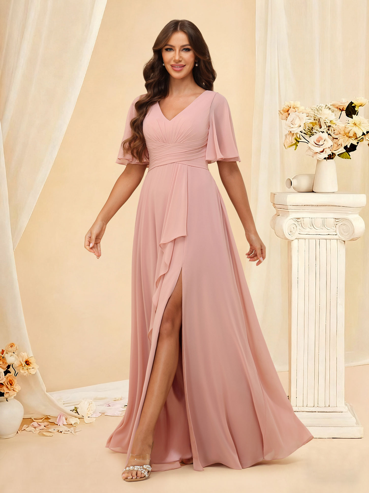 A-line Chiffon V Neck Flutter Sleeve Pleated Ruffled Bridesmaid Dress with Slit #RDBM2507137