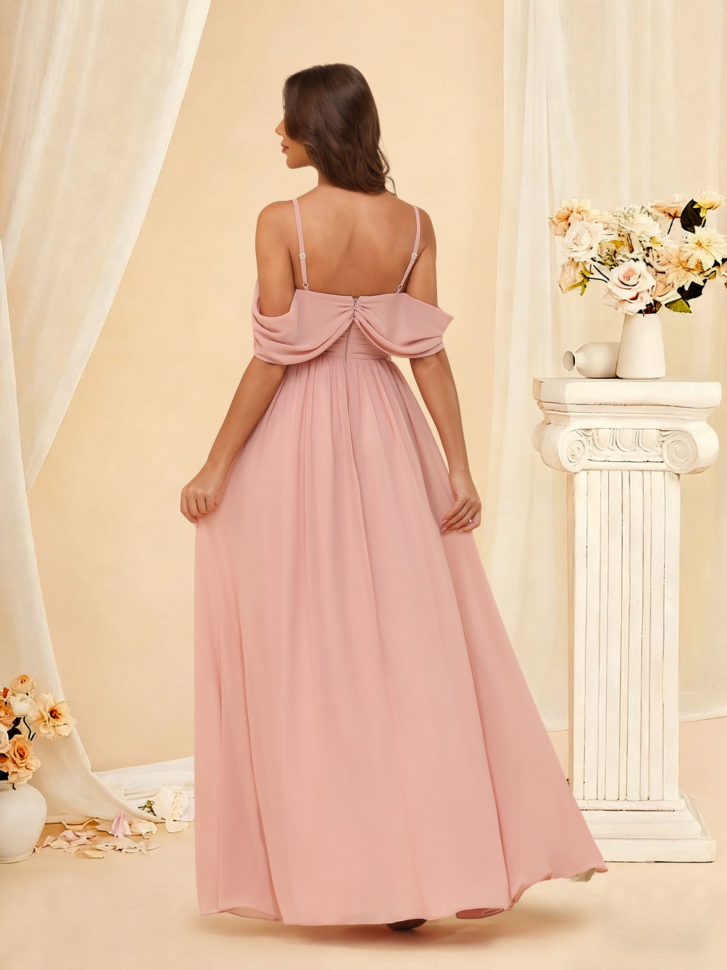 A-line Cold Shoulder Chiffon Pleated Ruched Bridesmaid Dress with Slit #RDBM2507135