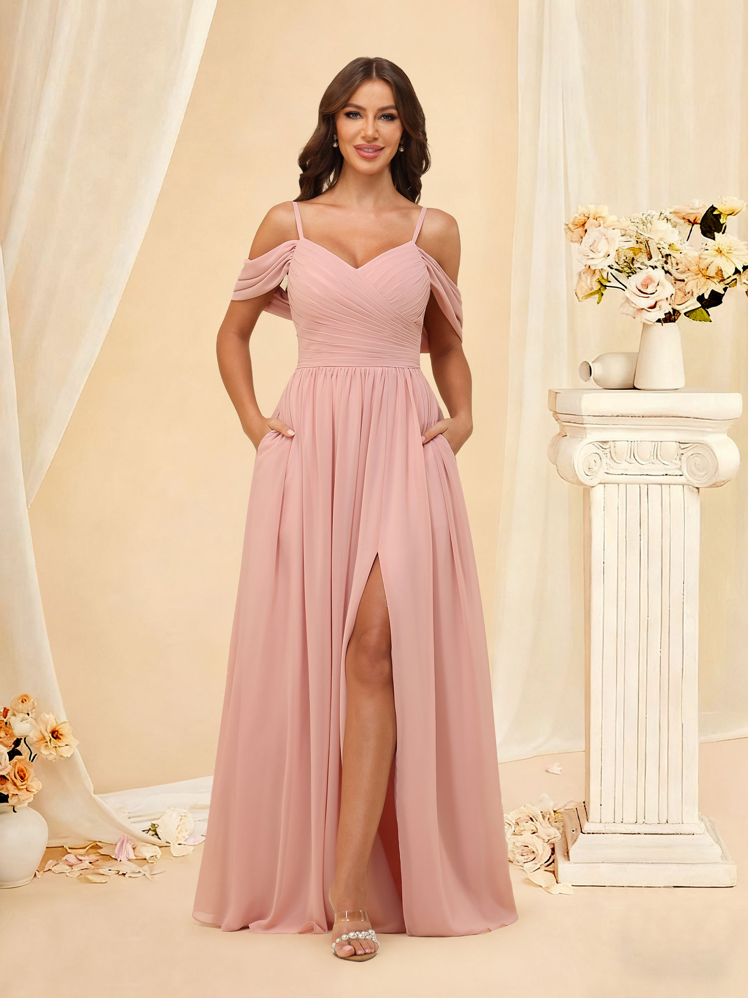 A-line Cold Shoulder Chiffon Pleated Ruched Bridesmaid Dress with Slit