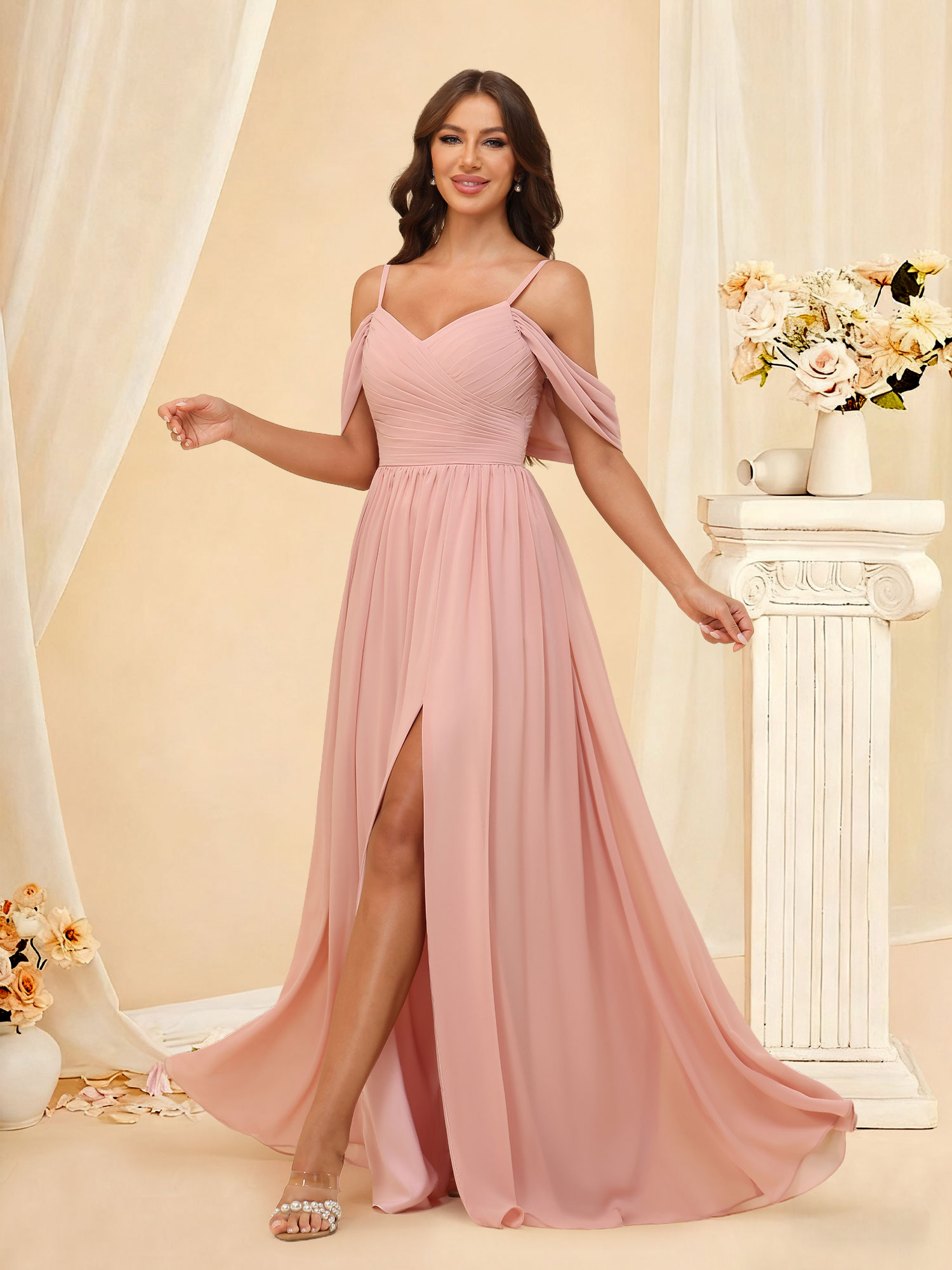 A-line Cold Shoulder Chiffon Pleated Ruched Bridesmaid Dress with Slit #RDBM2507135