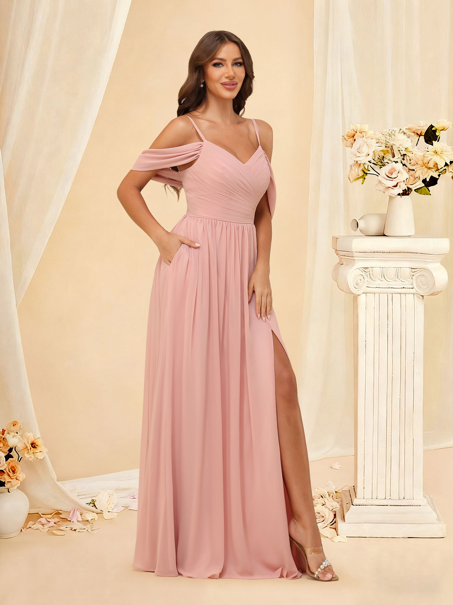 A-line Cold Shoulder Chiffon Pleated Ruched Bridesmaid Dress with Slit #RDBM2507135