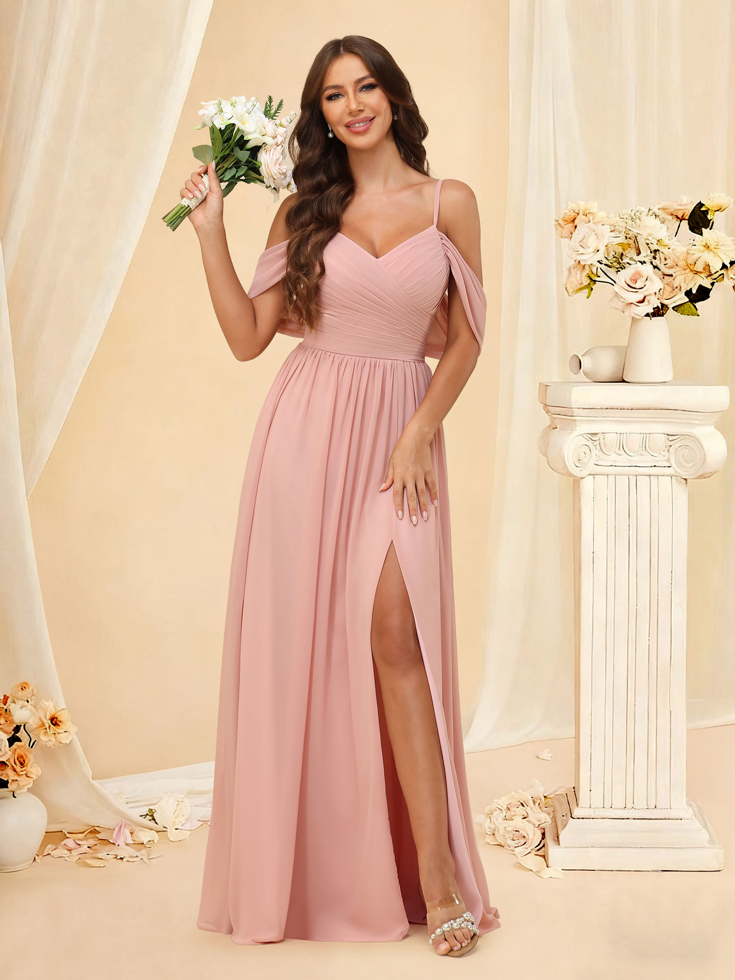 A-line Cold Shoulder Chiffon Pleated Ruched Bridesmaid Dress with Slit #RDBM2507135