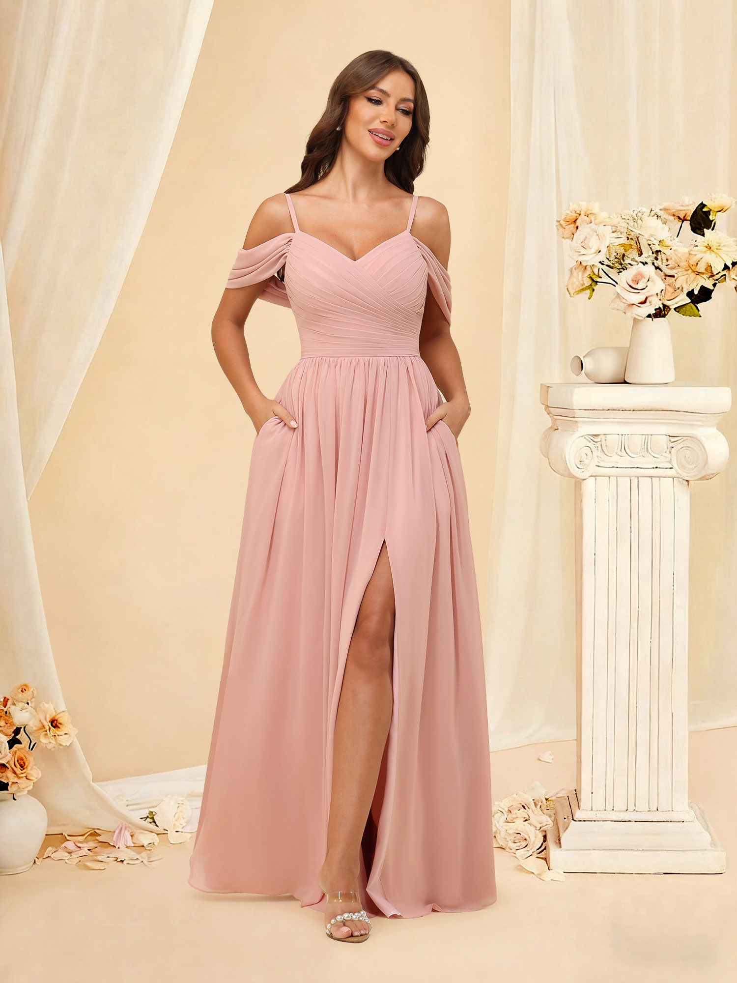 A-line Cold Shoulder Chiffon Pleated Ruched Bridesmaid Dress with Slit #RDBM2507135