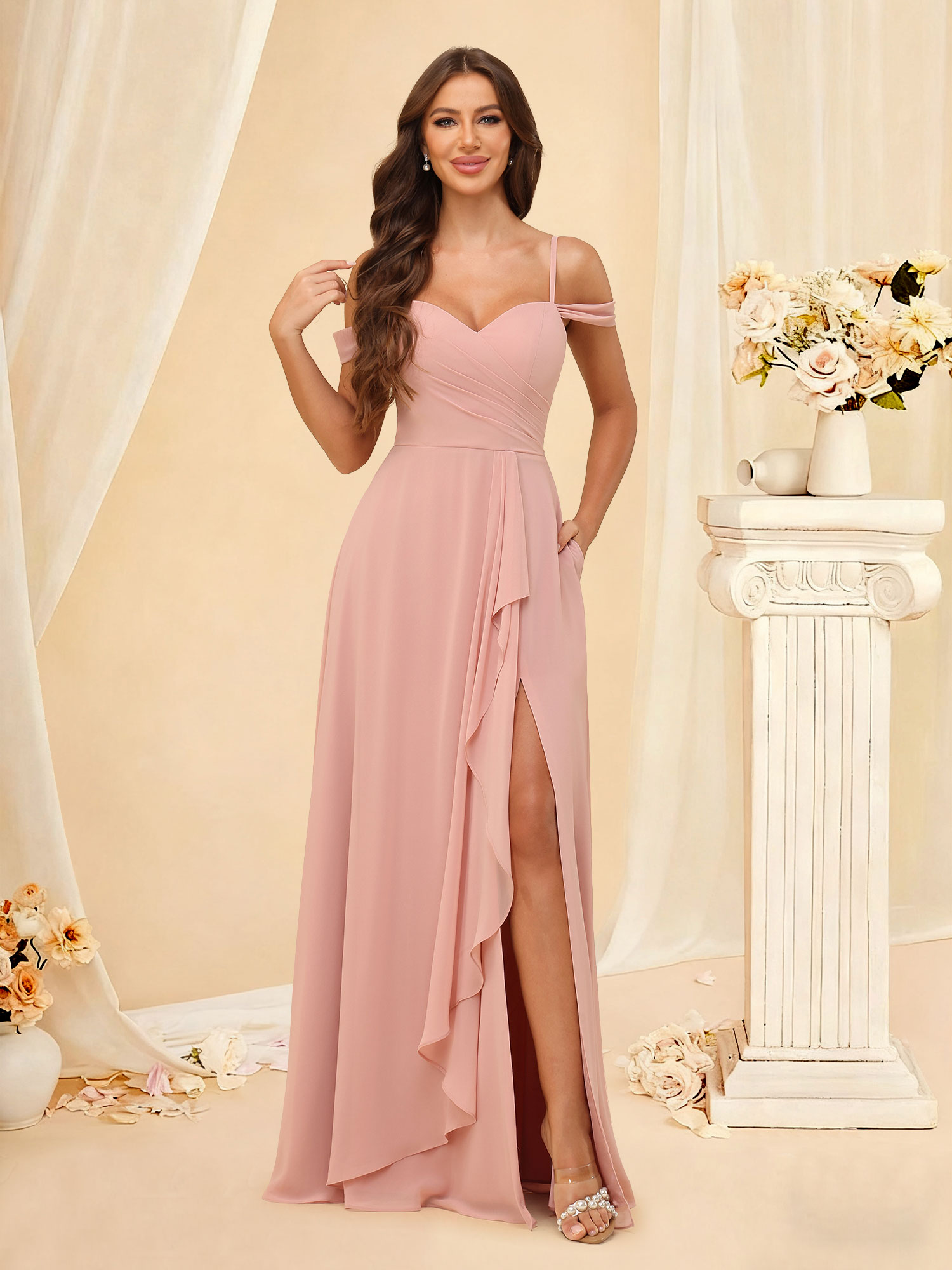 A-Line Off The Shoulder Pleated Chiffon Bridesmaid Dress with Pockets  #RDBM2507148