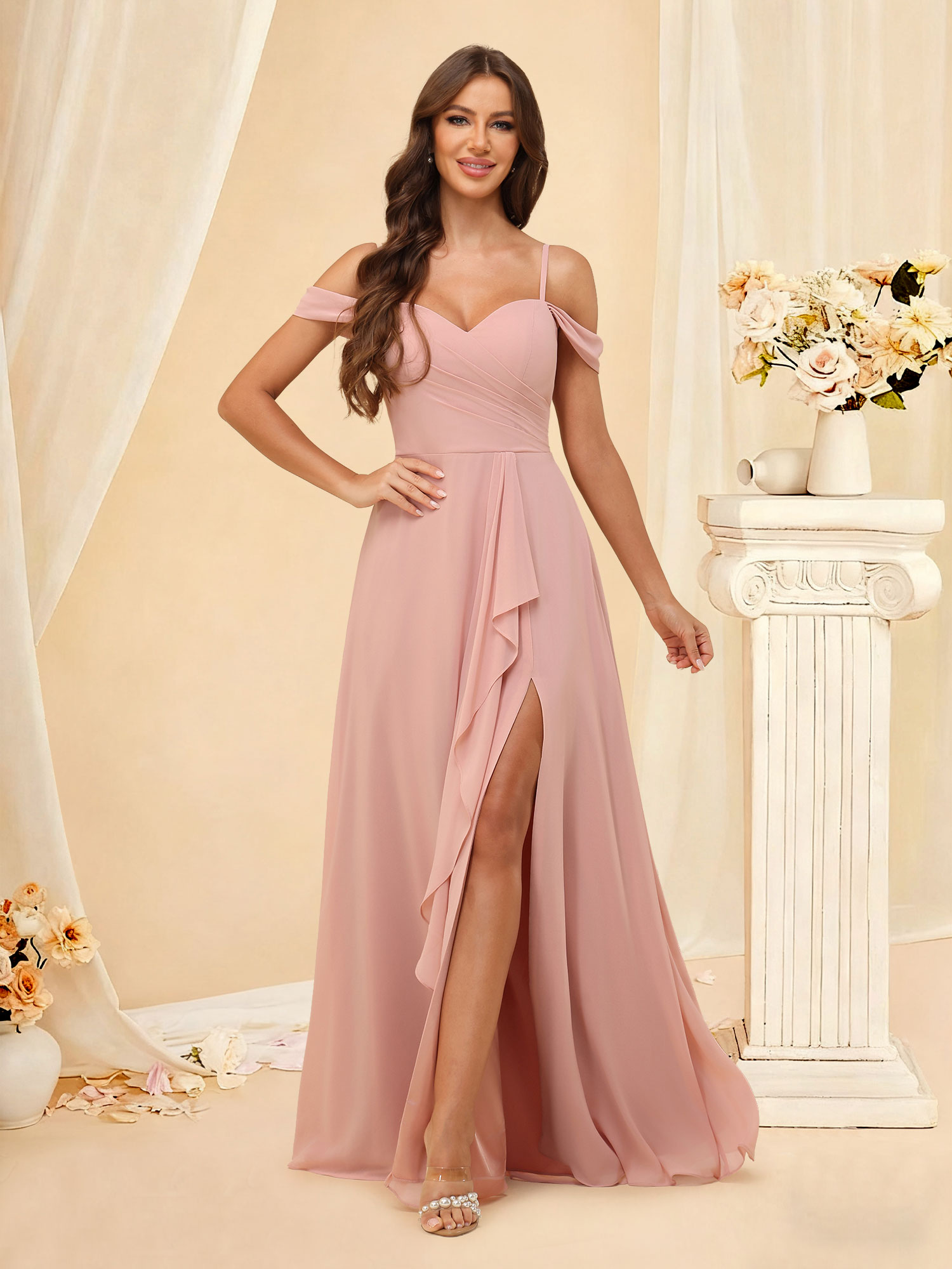 A-Line Off The Shoulder Pleated Chiffon Bridesmaid Dress with Pockets  #RDBM2507148