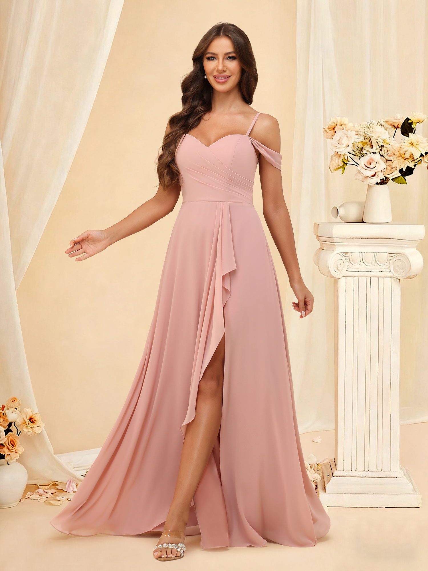 A-Line Off The Shoulder Pleated Chiffon Bridesmaid Dress with Pockets  #RDBM2507148