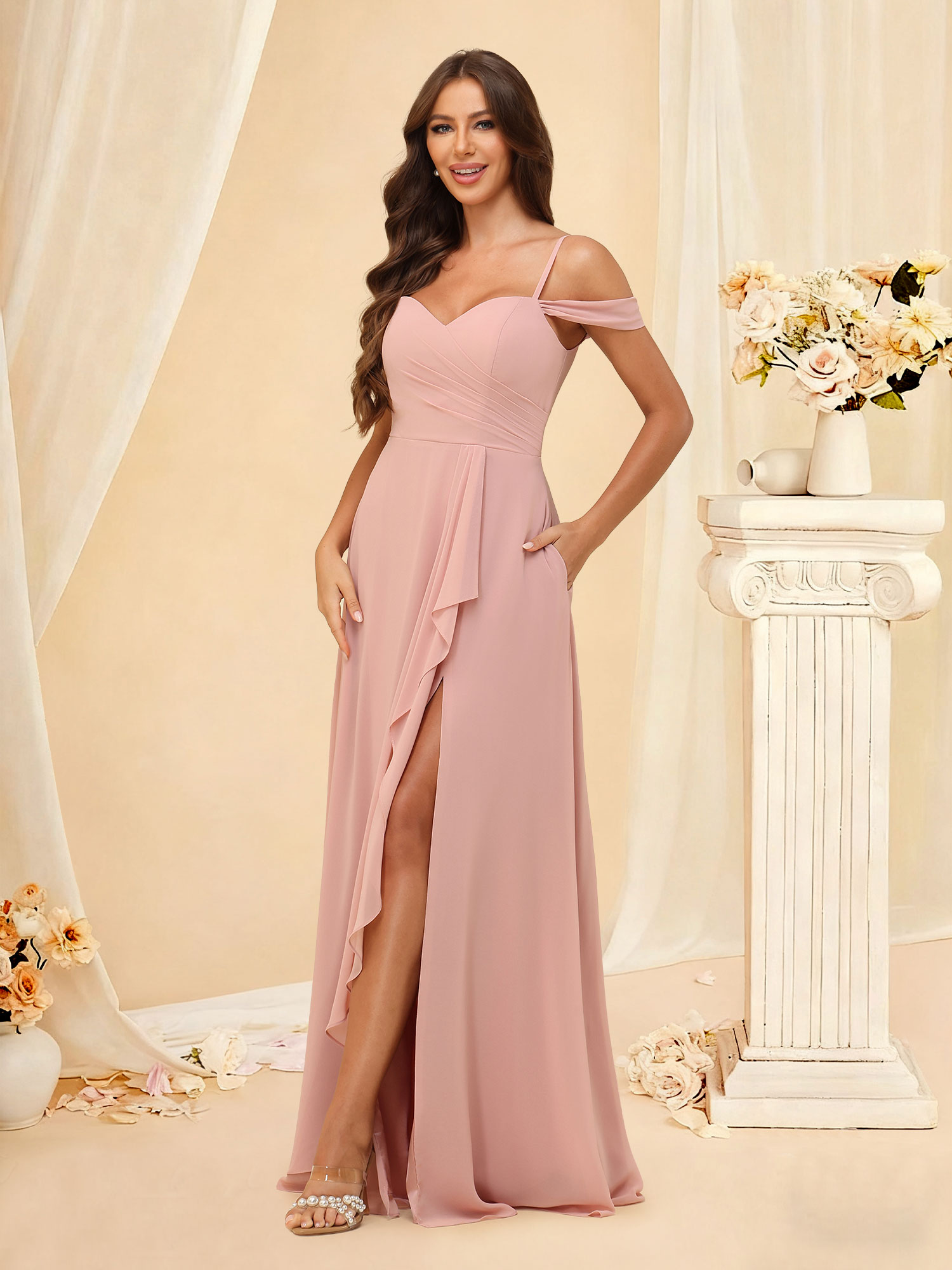 A-Line Off The Shoulder Pleated Chiffon Bridesmaid Dress with Pockets  #RDBM2507148
