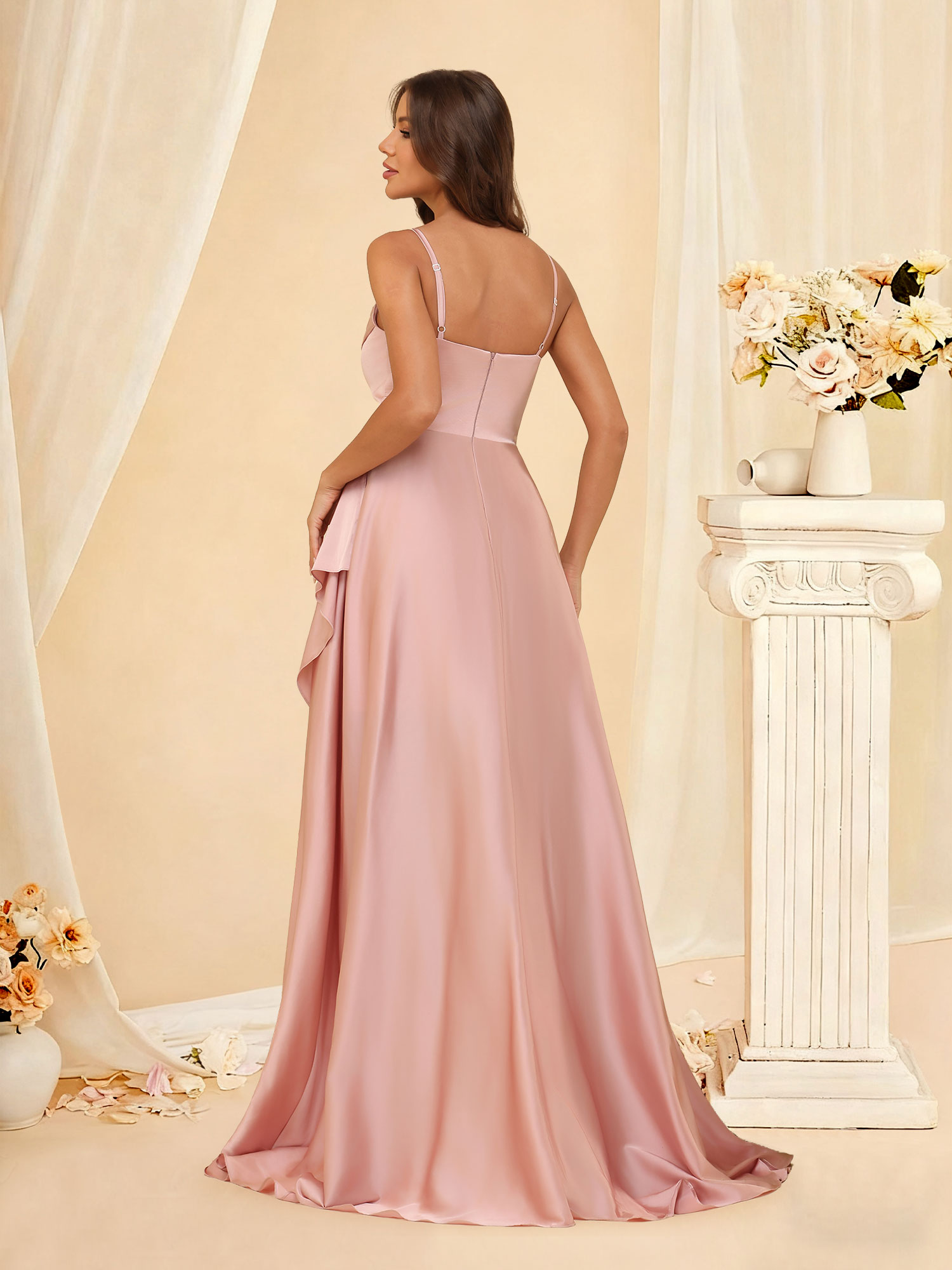 A-Line Spaghetti Straps Satin Ruffled Pleated Bridesmaid Dress with Slit #RDBM2507213