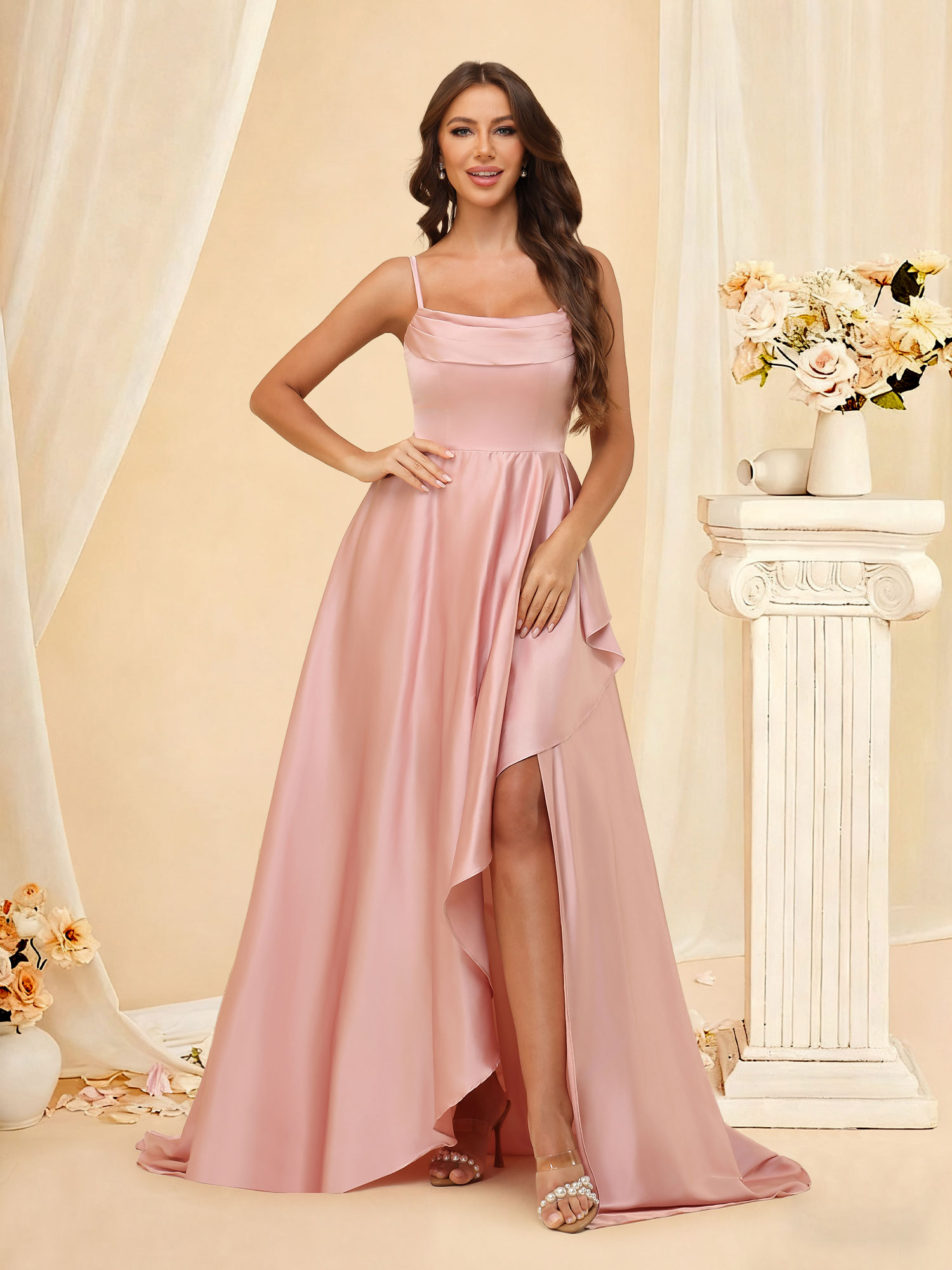 A-Line Spaghetti Straps Satin Ruffled Pleated Bridesmaid Dress with Slit
