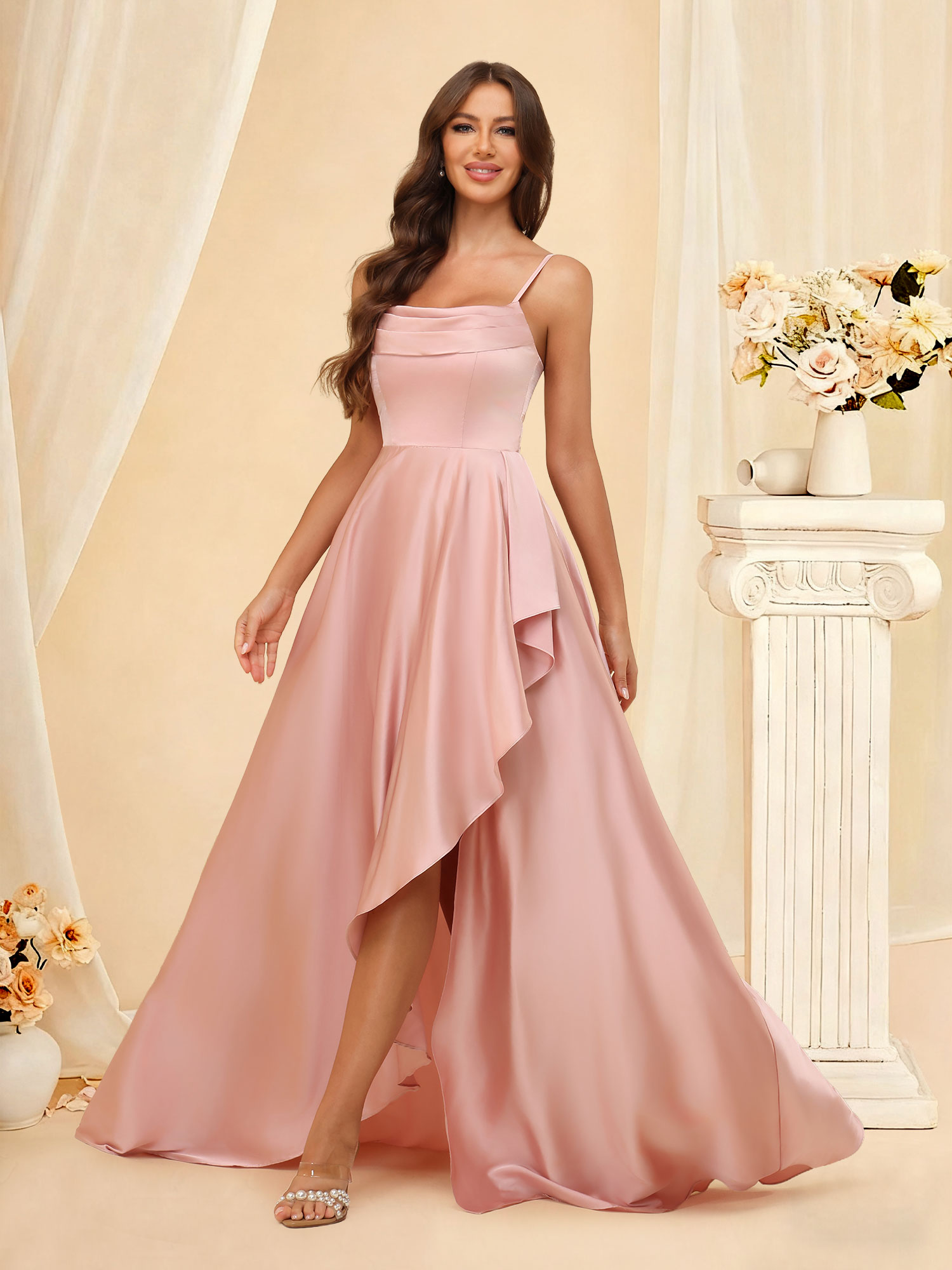 A-Line Spaghetti Straps Satin Ruffled Pleated Bridesmaid Dress with Slit #RDBM2507213