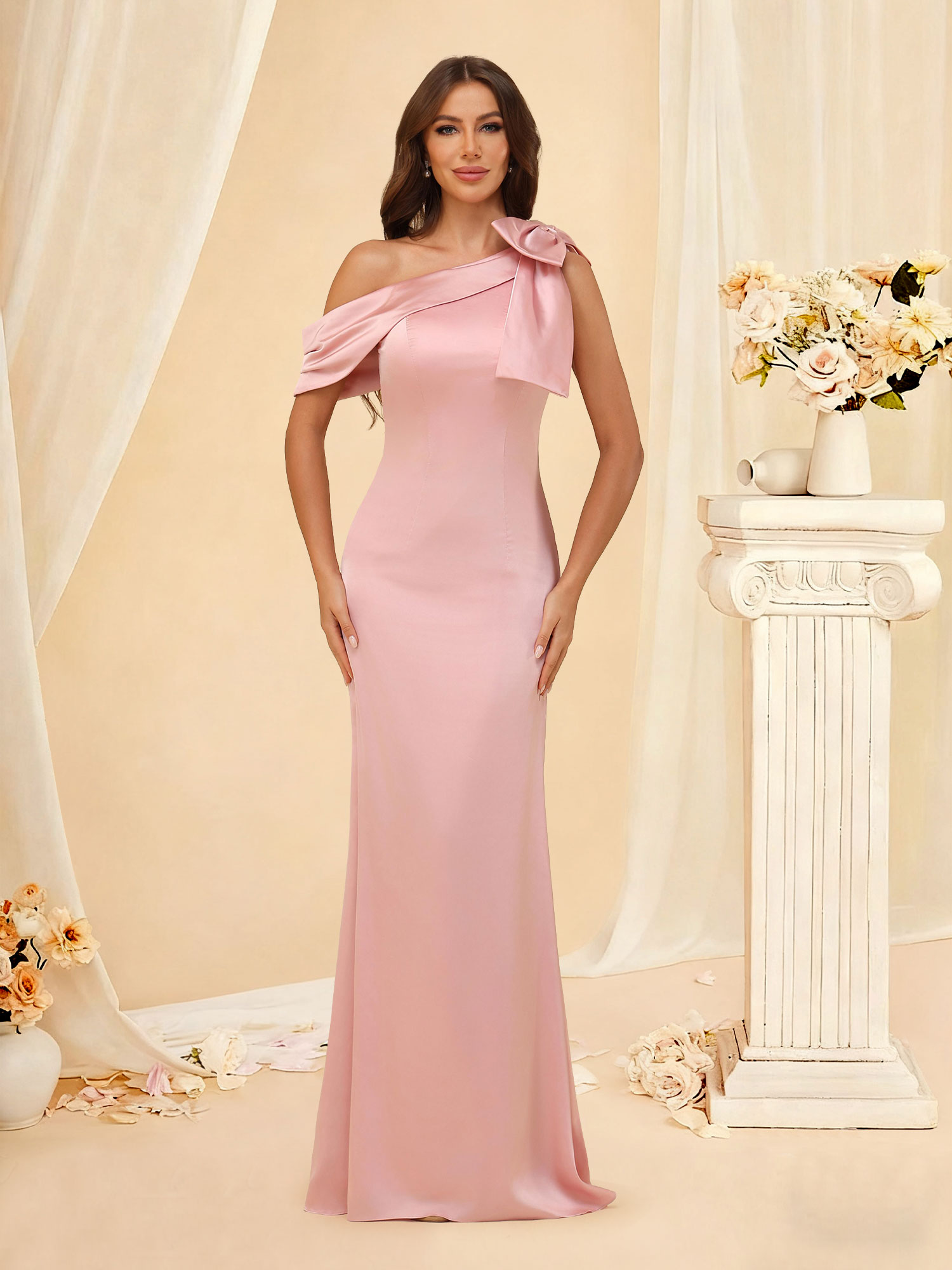 One Shoulder Prom Dress with Bow Long Satin Mermaid Bridesmaid Dress