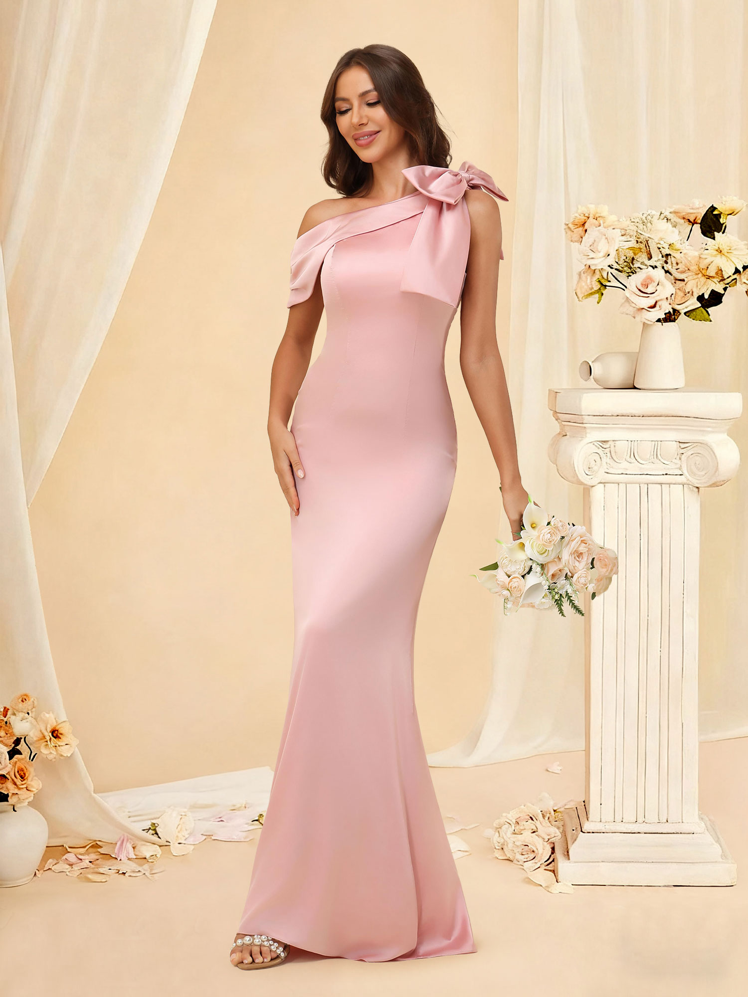 One Shoulder Prom Dress with Bow Long Satin Mermaid Bridesmaid Dress #RDBM2507141