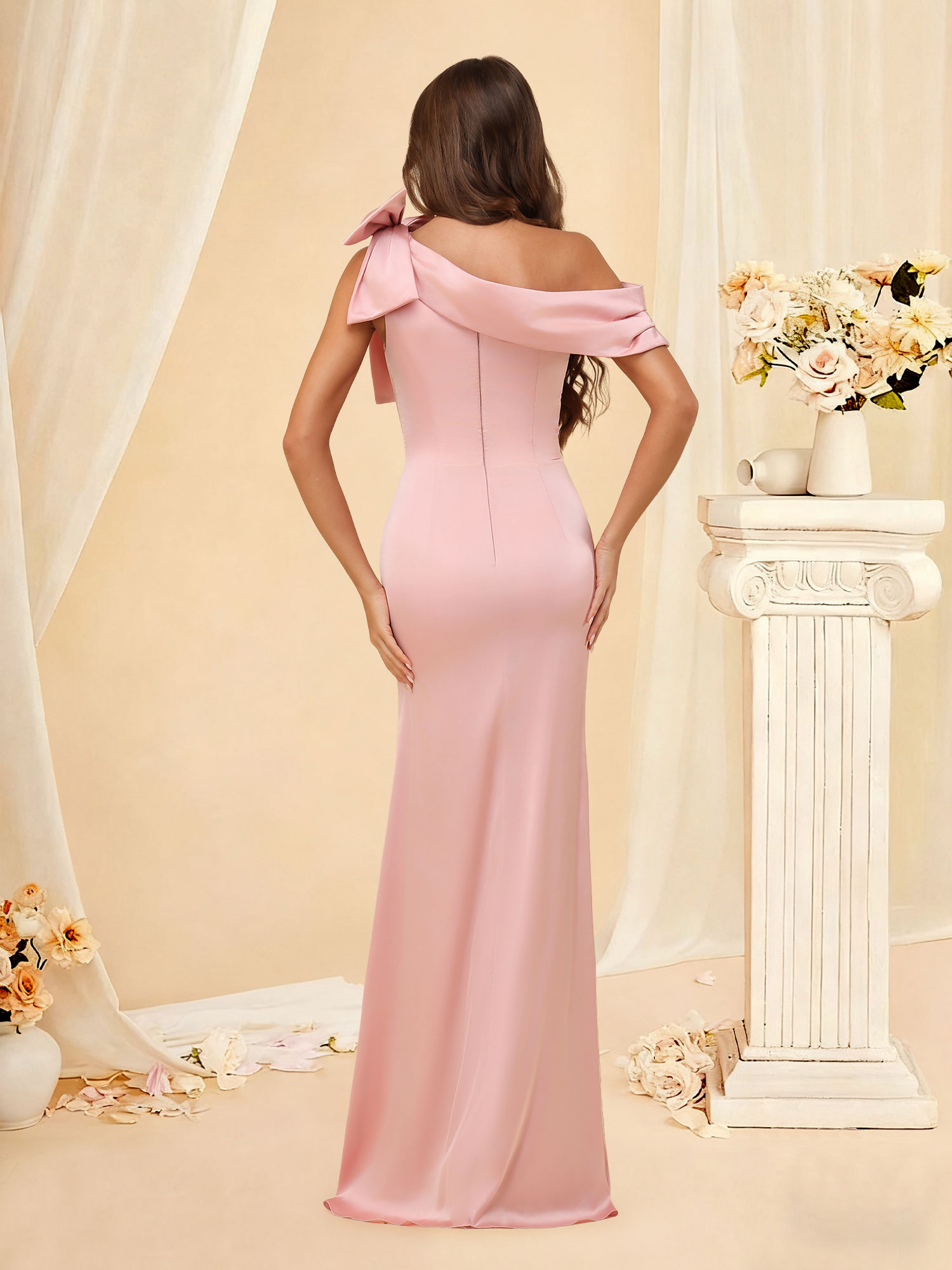 One Shoulder Prom Dress with Bow Long Satin Mermaid Bridesmaid Dress #RDBM2507141