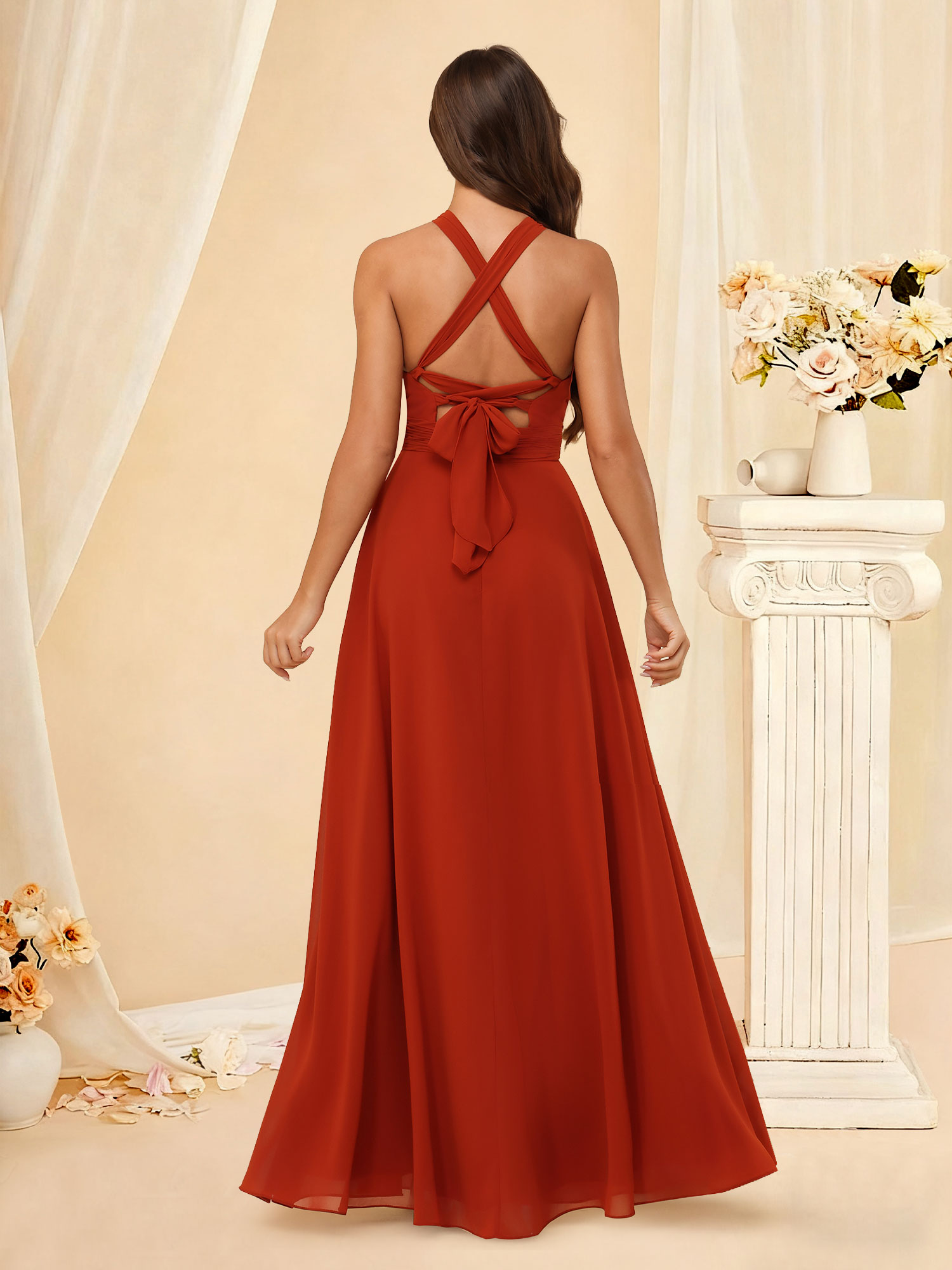 A-Line Halter Chiffon Bridesmaid Dress Pleated Long Prom Gown #RDBM2505097