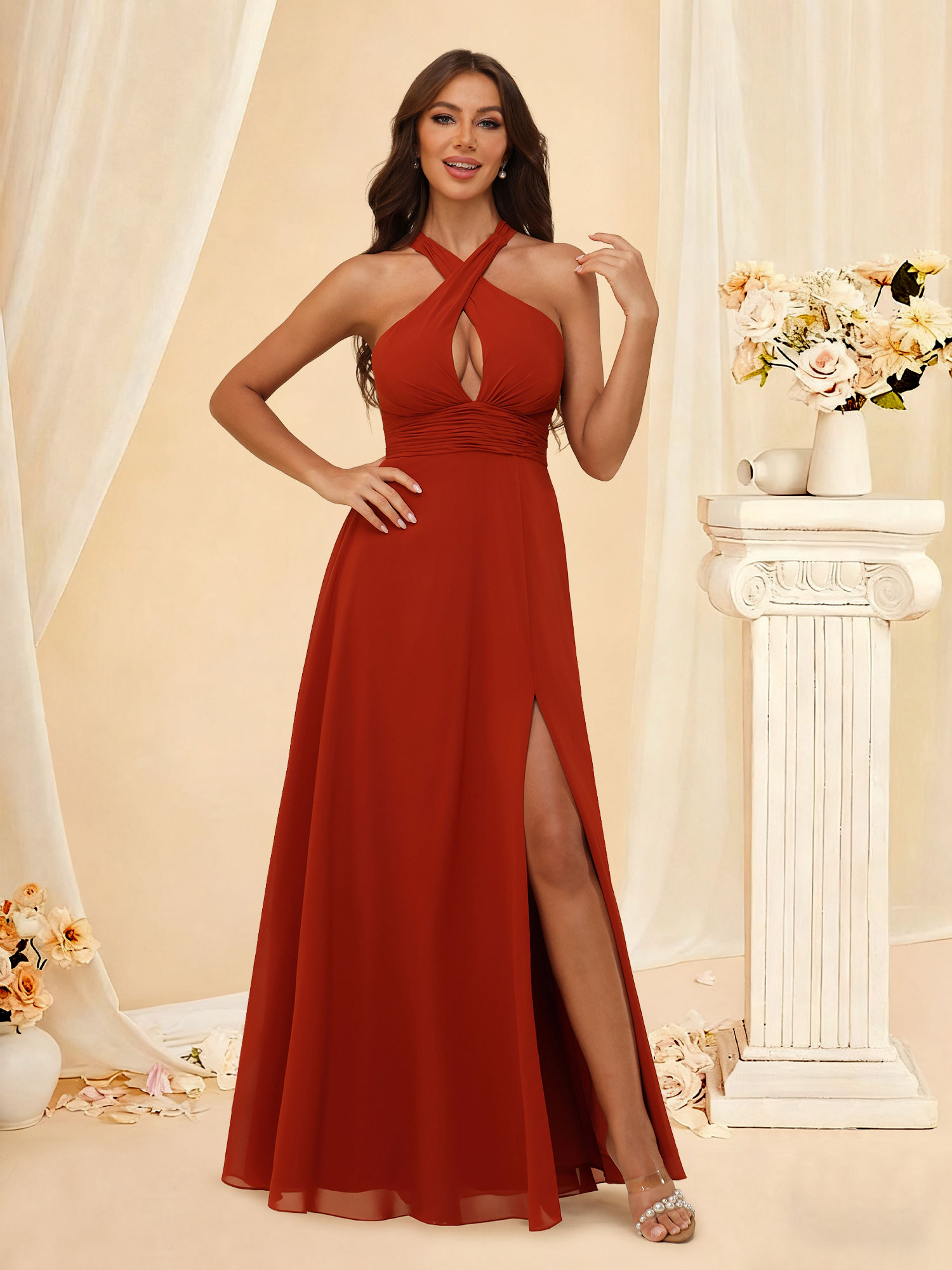 A-Line Halter Chiffon Bridesmaid Dress Pleated Long Prom Gown