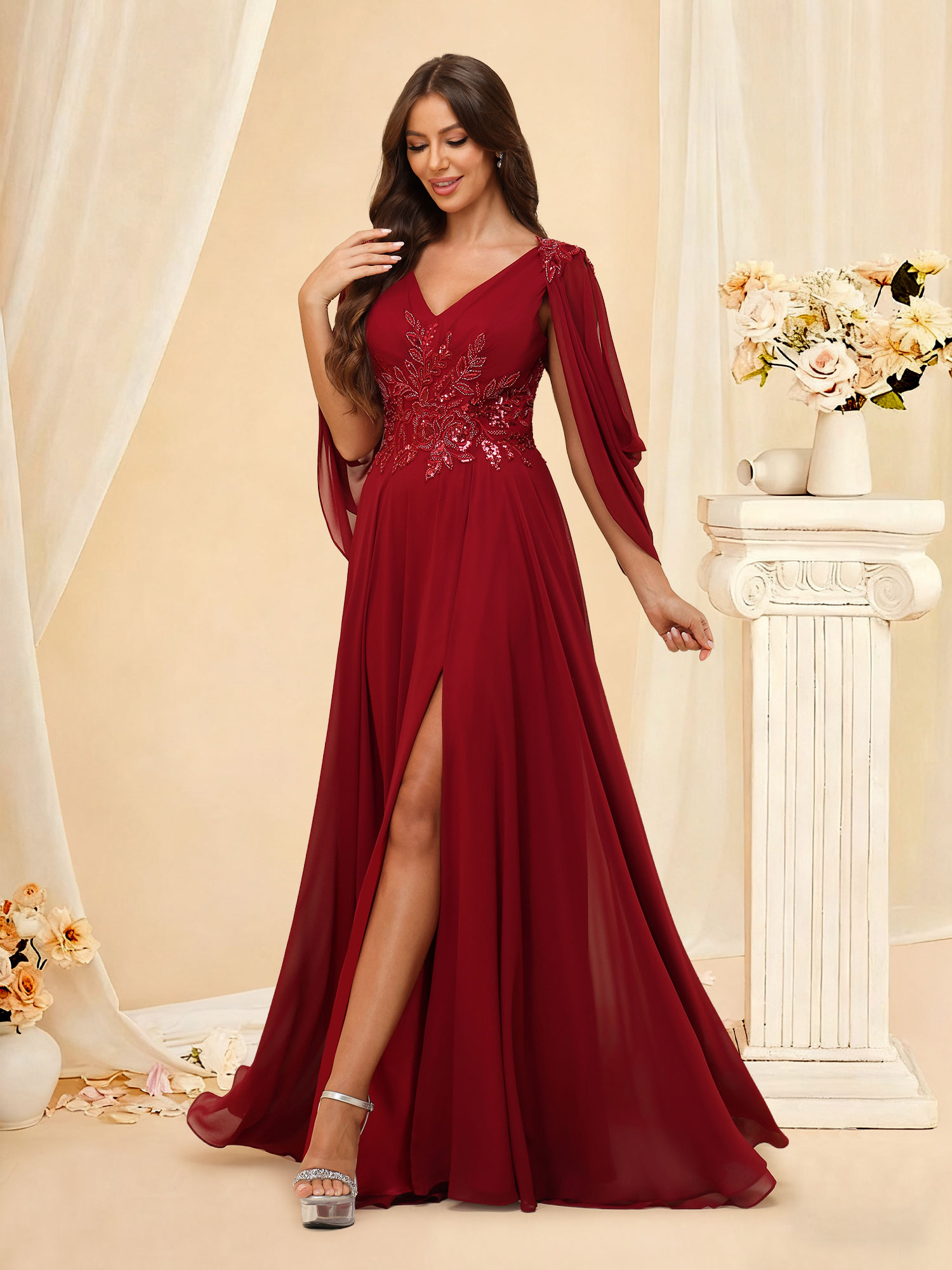 A-line V-Neck Chiffon Lace Appliques Mother of The Bride Dress #RDBM2501034