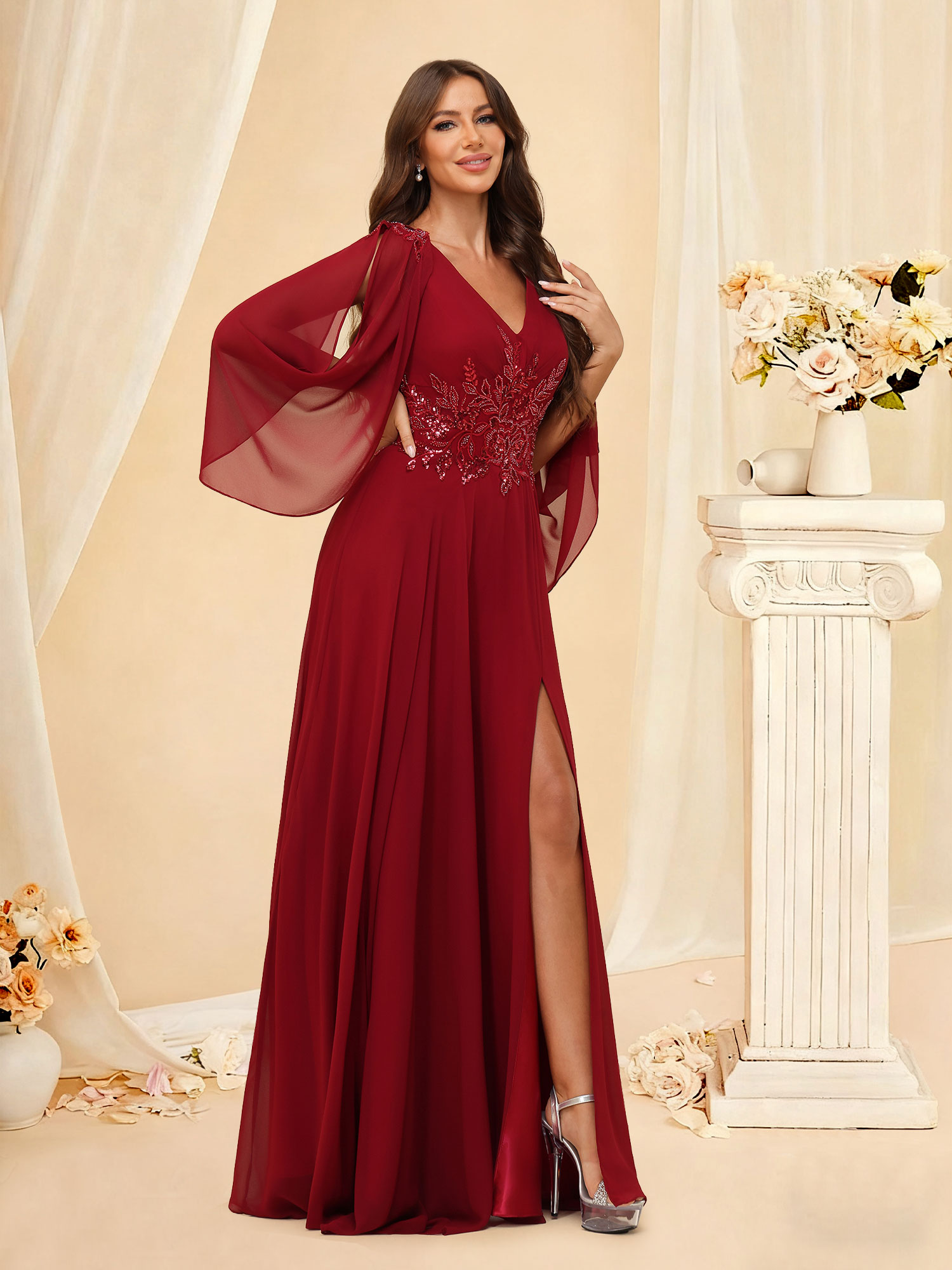 A-line V-Neck Chiffon Lace Appliques Mother of The Bride Dress #RDBM2501034