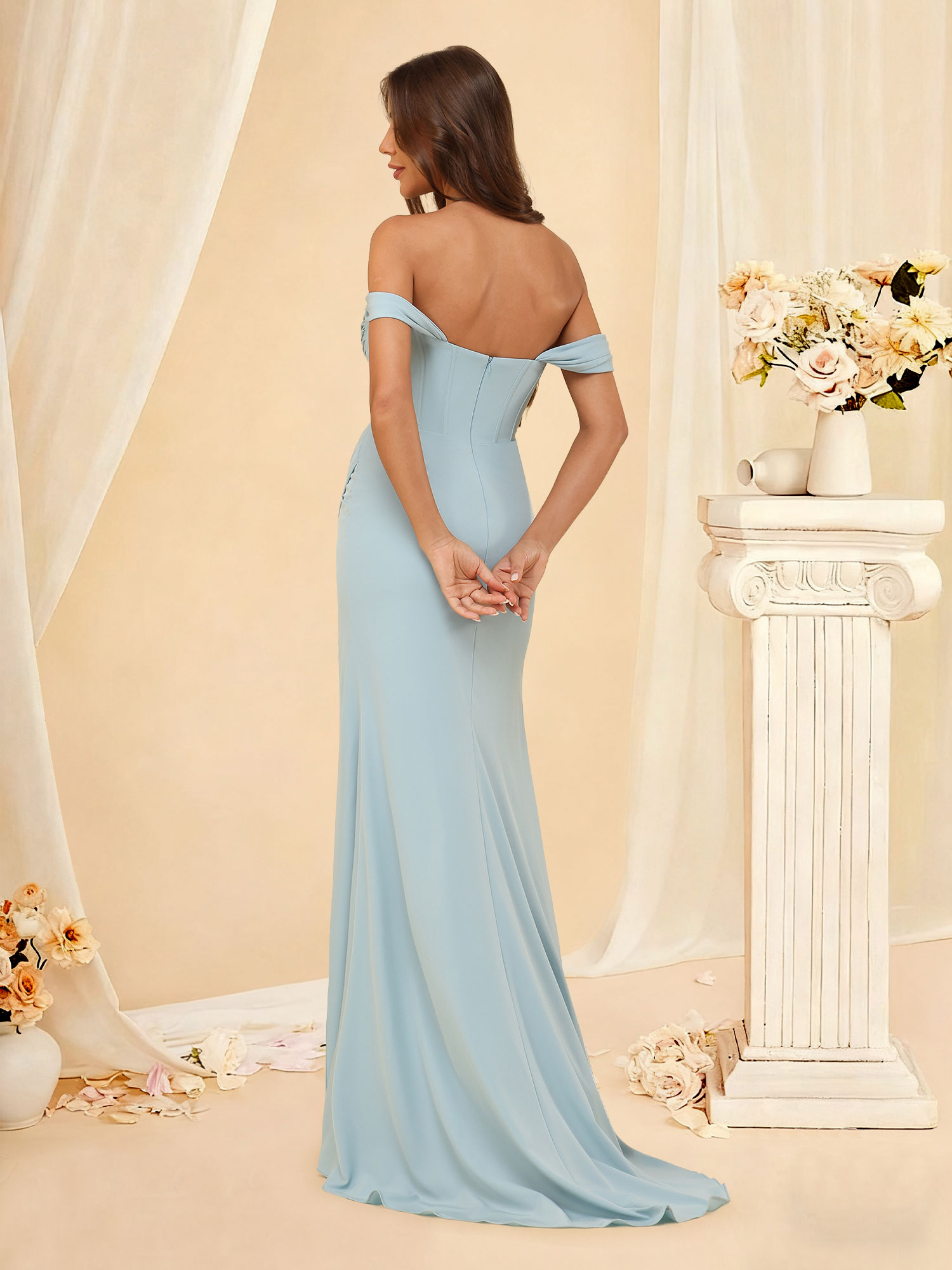Mermaid Chiffon Off The Shoulder Pleated Knotted Waistline Bridesmaid Dress #RDBM2507142