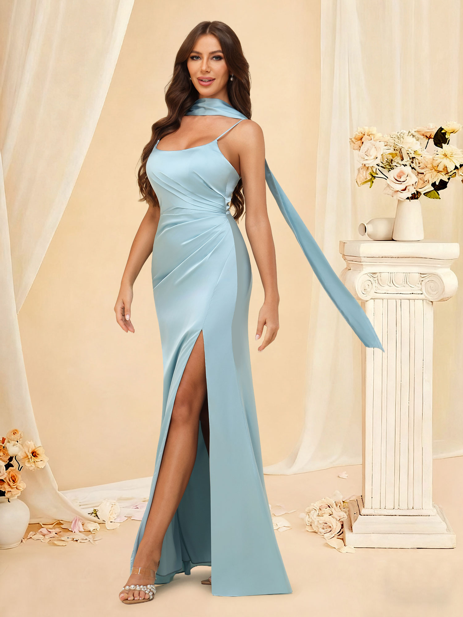 Mermaid Spaghetti Straps Porm Gown Pleated Satin Bridesmaid Dress with Scarf #RDBM2507145