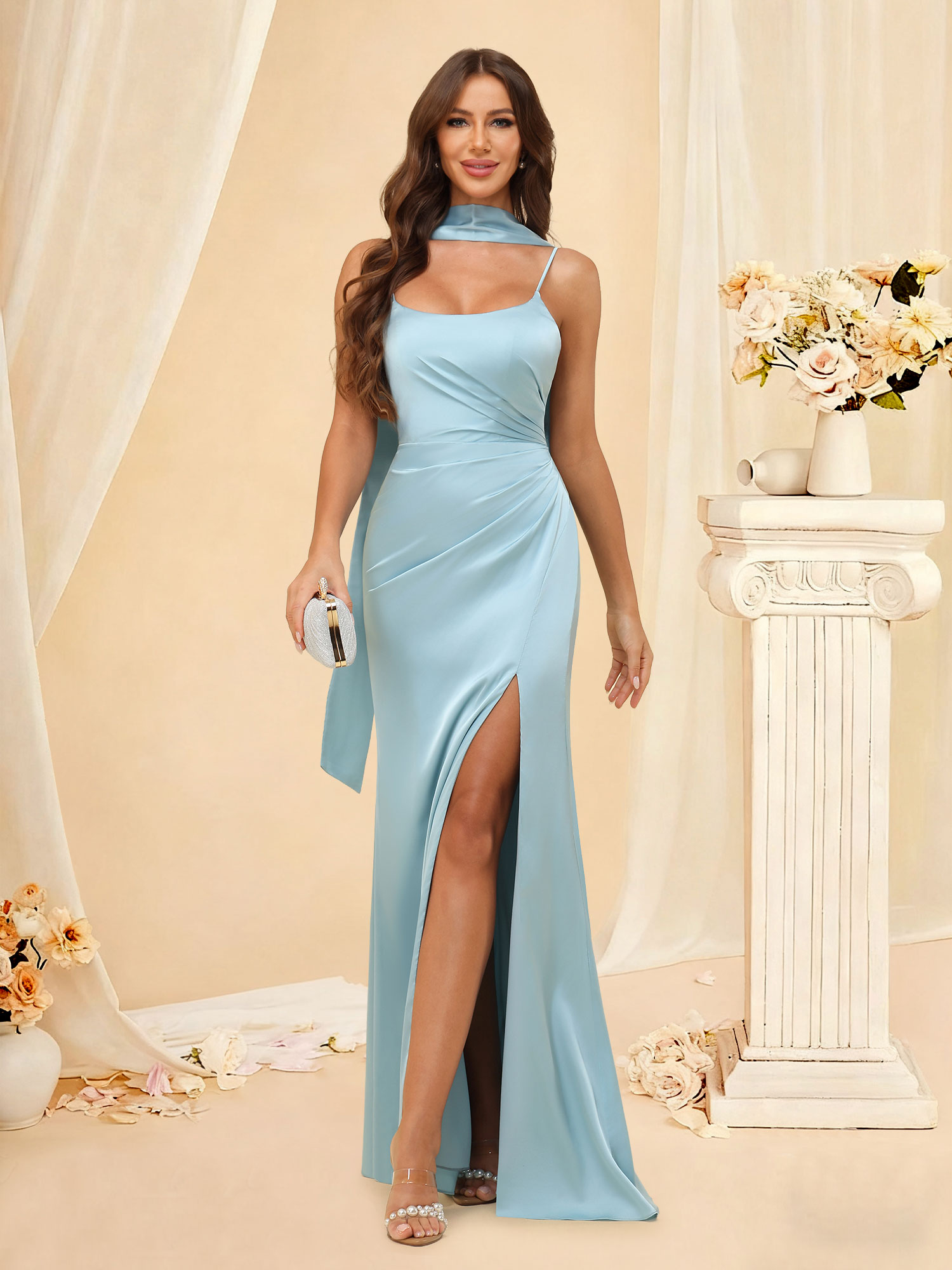 Mermaid Spaghetti Straps Porm Gown Pleated Satin Bridesmaid Dress with Scarf #RDBM2507145