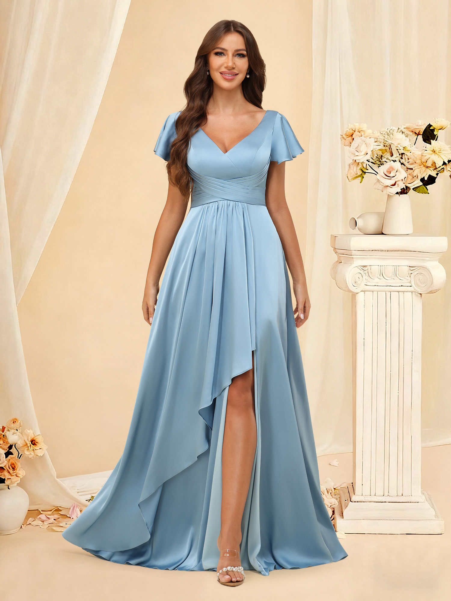 A-line V-Neck Ruffle Slit Satin Short Sleeve Bridesmaid Dress #RDBM2508022